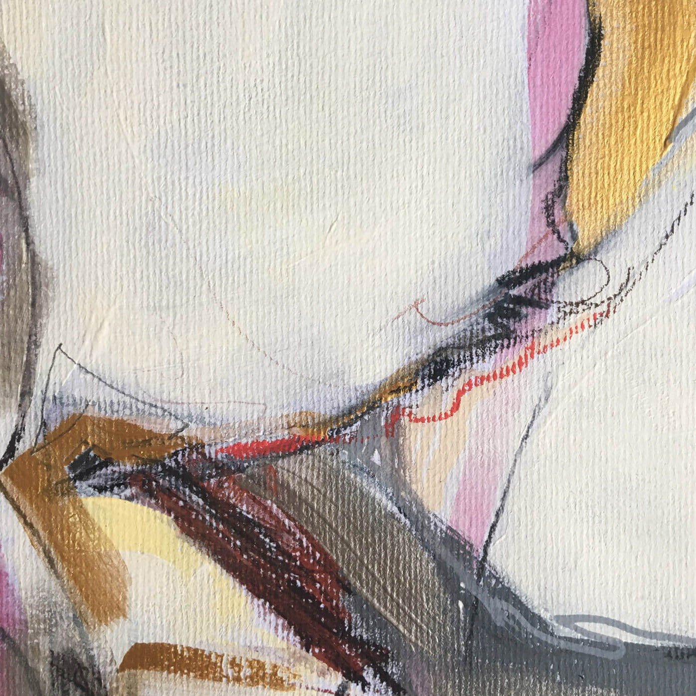 30x30cm 11.8"x11.8" Acrylic | Mixed Media on paper. Contemporary abstract artwork on paper COMPOSITION No.3 by Laura Treimane Saulaja. Intuitive composition in the artist's art practice. One-of-a-kind mixed media artwork in light yellow, white, warm gray, silver, gold, red, and black colors. Detail 1