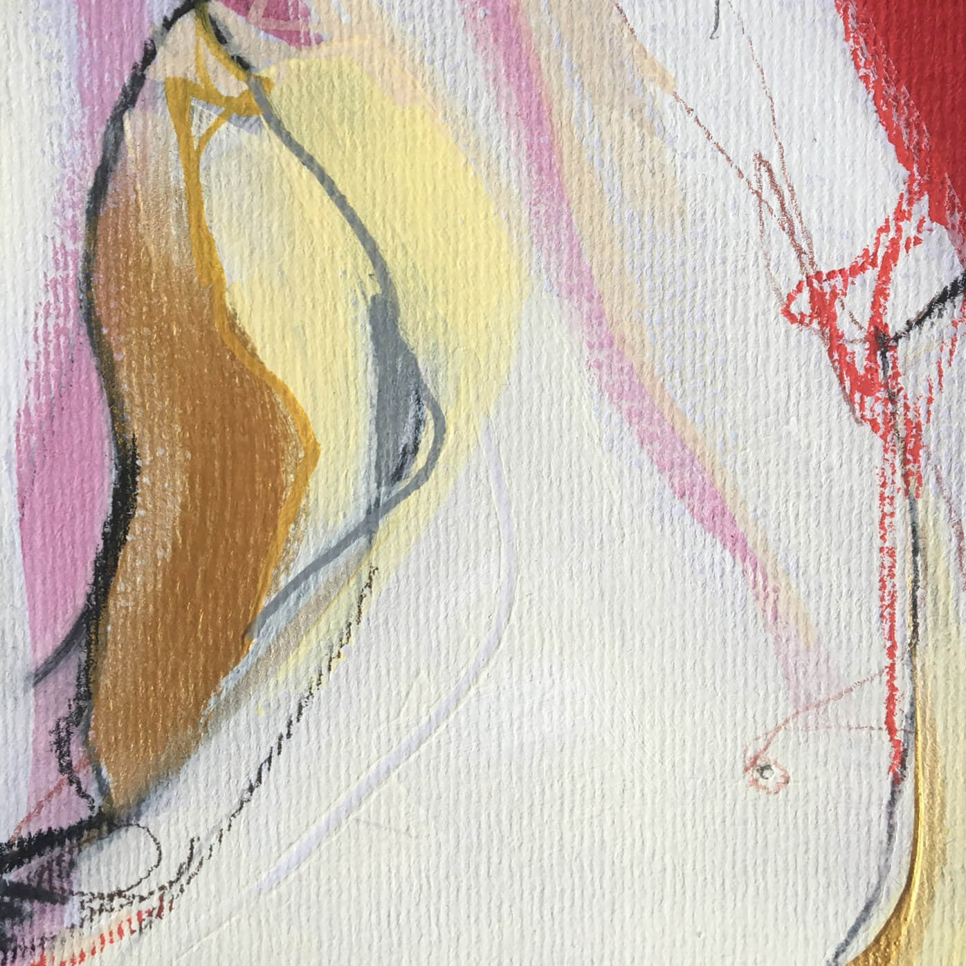 30x30cm 11.8"x11.8" Acrylic | Mixed Media on paper. Contemporary abstract artwork on paper COMPOSITION No.3 by Laura Treimane Saulaja. Intuitive composition in the artist's art practice. One-of-a-kind mixed media artwork in light yellow, white, warm gray, silver, gold, red, and black colors. Detail 2