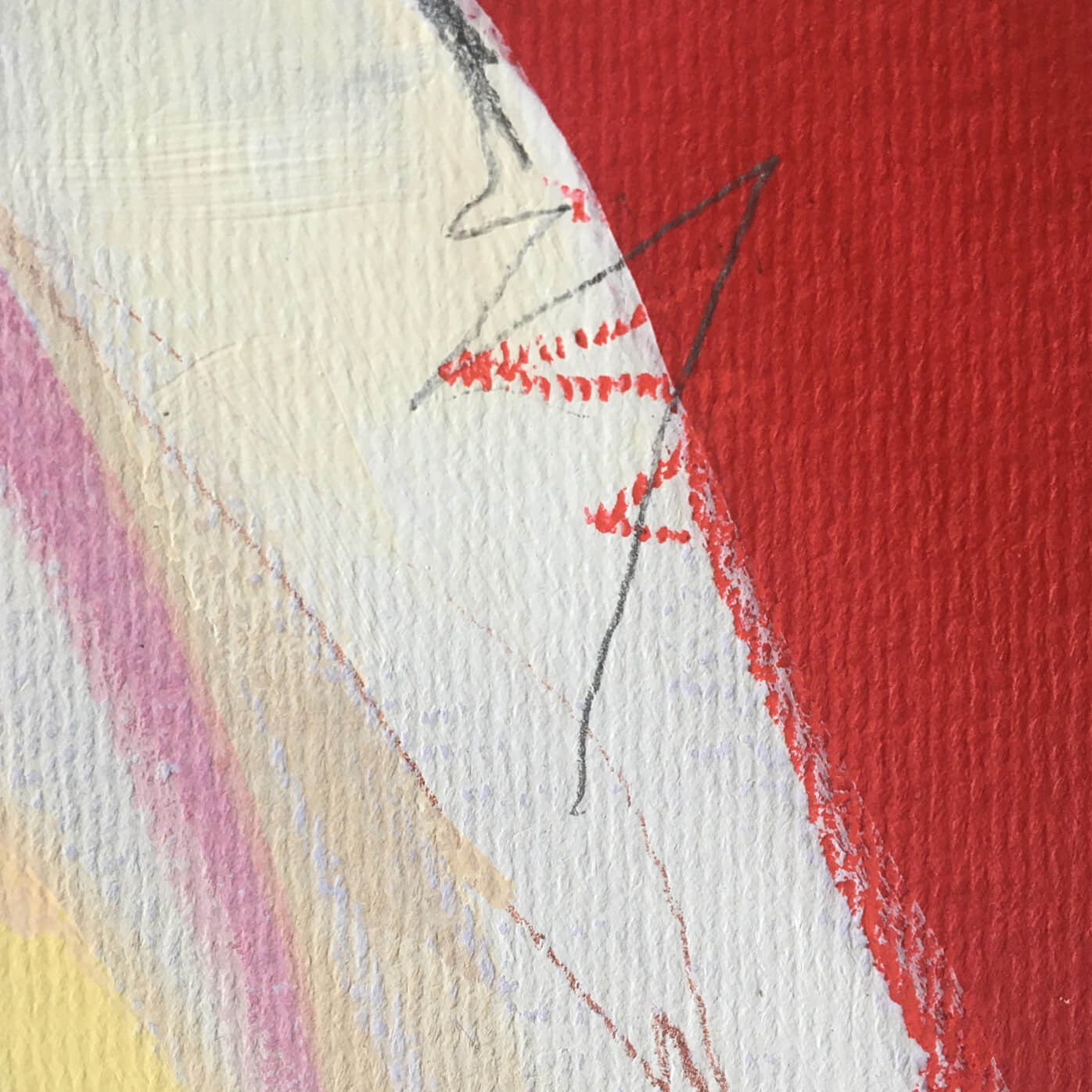 30x30cm 11.8"x11.8" Acrylic | Mixed Media on paper. Contemporary abstract artwork on paper COMPOSITION No.3 by Laura Treimane Saulaja. Intuitive composition in the artist's art practice. One-of-a-kind mixed media artwork in light yellow, white, warm gray, silver, gold, red, and black colors. Detail 3