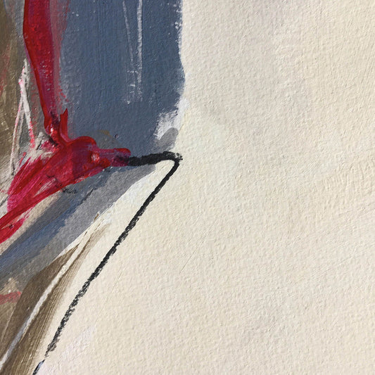 One-of-a-kind mixed media artwork HOLIDAY LANDSCAPE on paper in white, red, and black colors. Intuitive and dynamic composition in the artist's art practice. Framed in black, matt paper frame. Detail