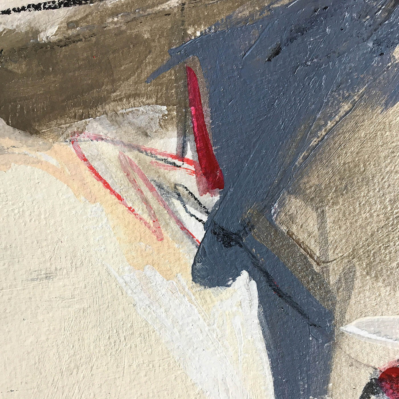 One-of-a-kind mixed media artwork HOLIDAY LANDSCAPE on paper in white, red, and black colors. Intuitive and dynamic composition in the artist's art practice. Framed in black, matt paper frame. Detail.