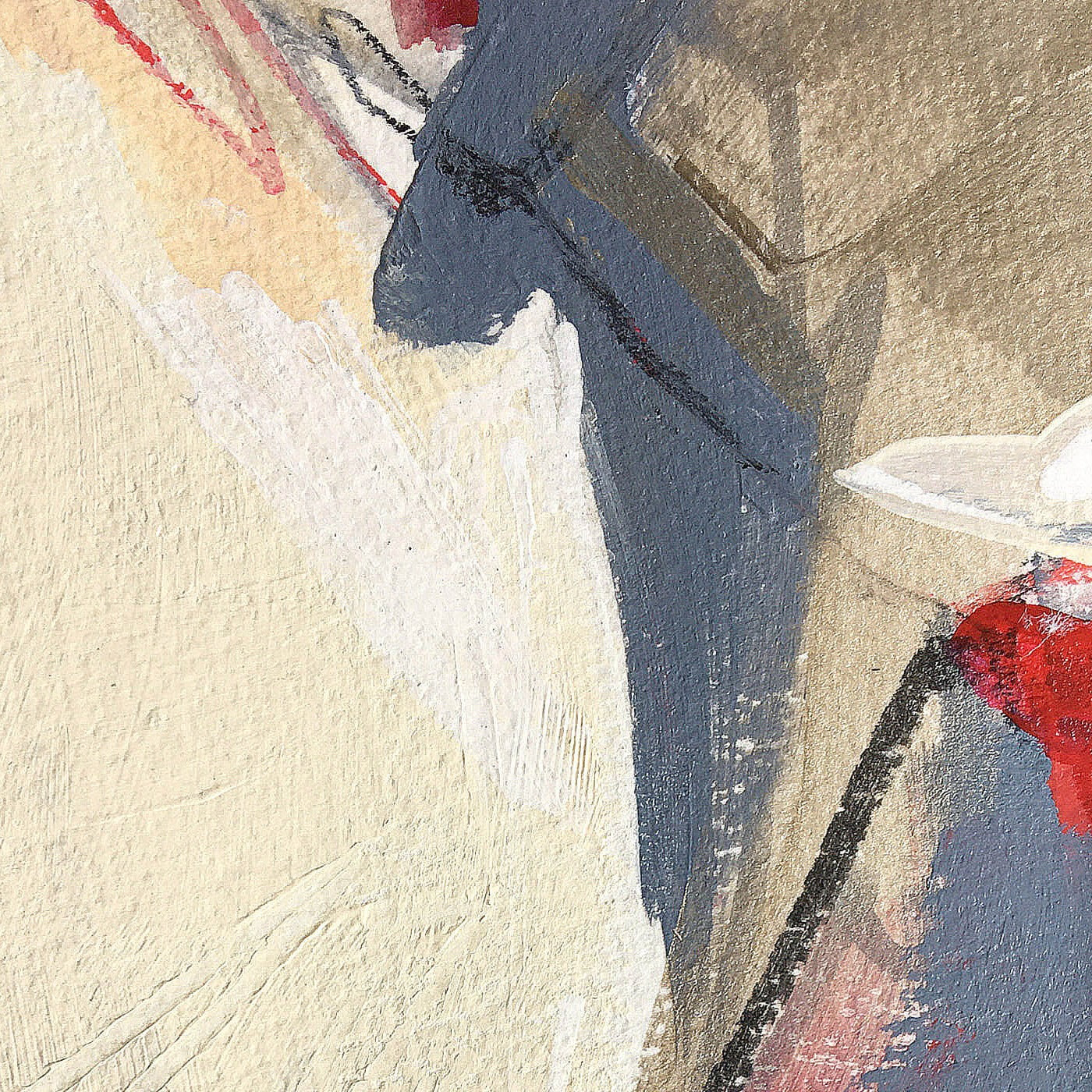 One-of-a-kind mixed media artwork HOLIDAY LANDSCAPE on paper in white, red, and black colors. Intuitive and dynamic composition in the artist's art practice. Framed in black, matt paper frame. Detail