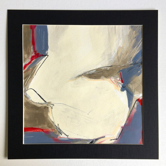 One-of-a-kind mixed media artwork HOLIDAY LANDSCAPE on paper in white, red, and black colors. Intuitive and dynamic composition in the artist's art practice. Framed in black, matt paper frame.