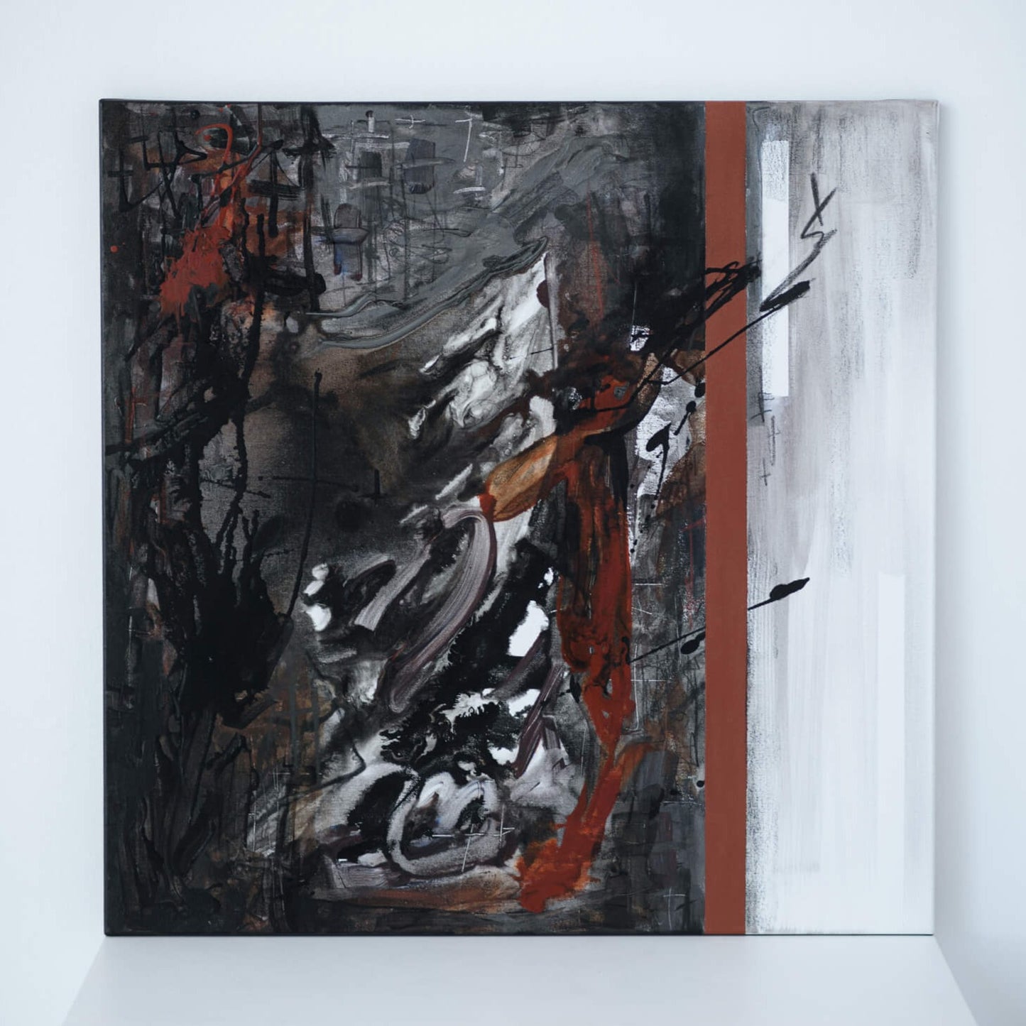 One-of-a-kind abstract artwork. 80x80cm 31.4"x31.4" Acrylic | Mixed Media on canvas painting. Burnt sienna, gray, black and white colors. Stretched canvas. Ready to hang. Unframed. Painting for modern interiors.
