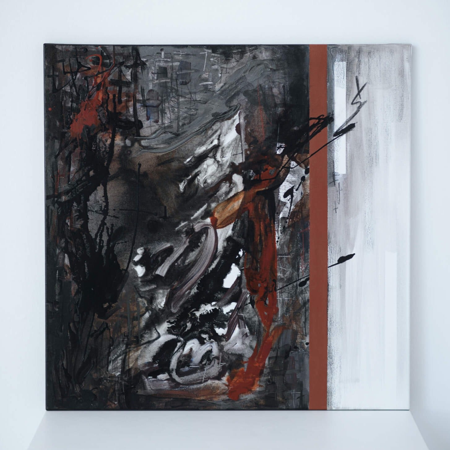 One-of-a-kind abstract artwork. 80x80cm 31.4"x31.4" Acrylic | Mixed Media on canvas painting. Burnt sienna, gray, black and white colors. Stretched canvas. Ready to hang. Unframed. Painting for modern interiors.