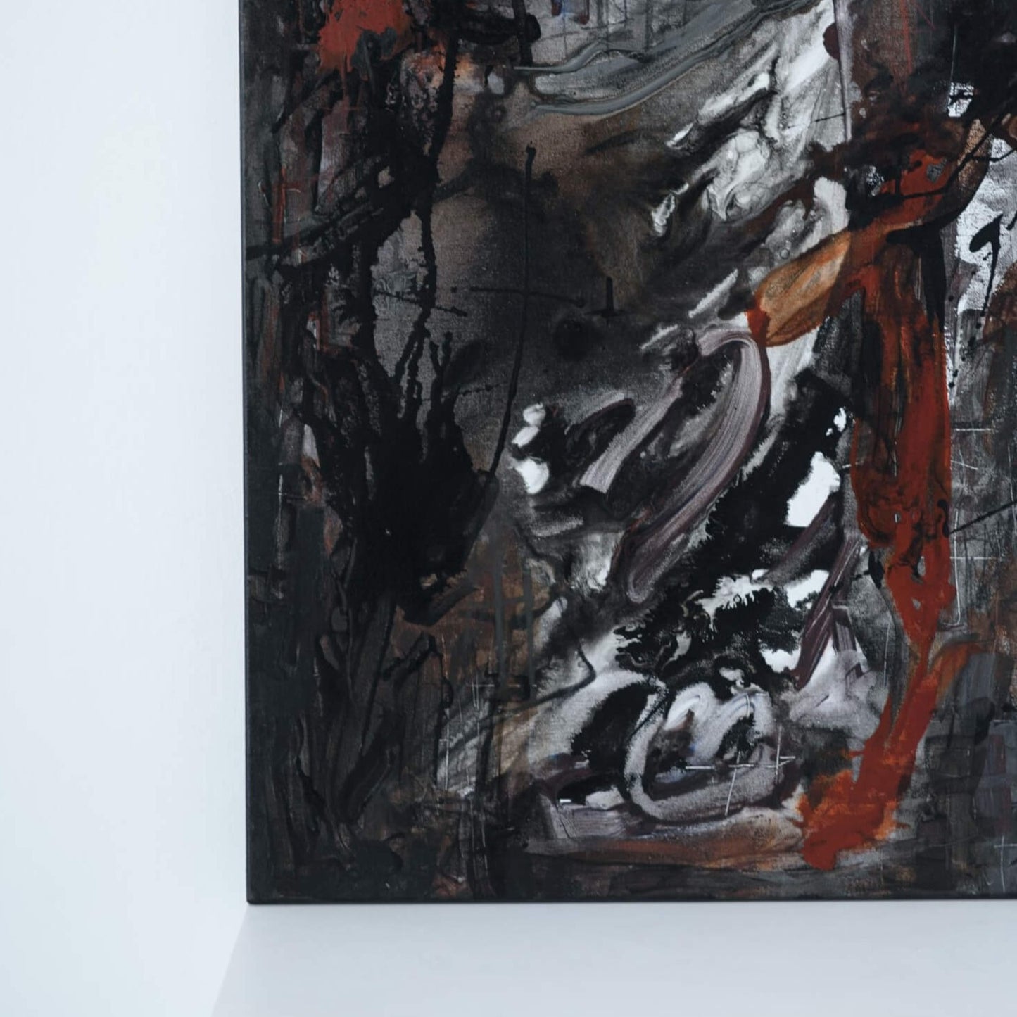 One-of-a-kind abstract artwork. 80x80cm 31.4"x31.4" Acrylic | Mixed Media on canvas painting. Burnt sienna, gray, black and white colors. Stretched canvas. Ready to hang. Unframed. Painting for modern interiors. Detail