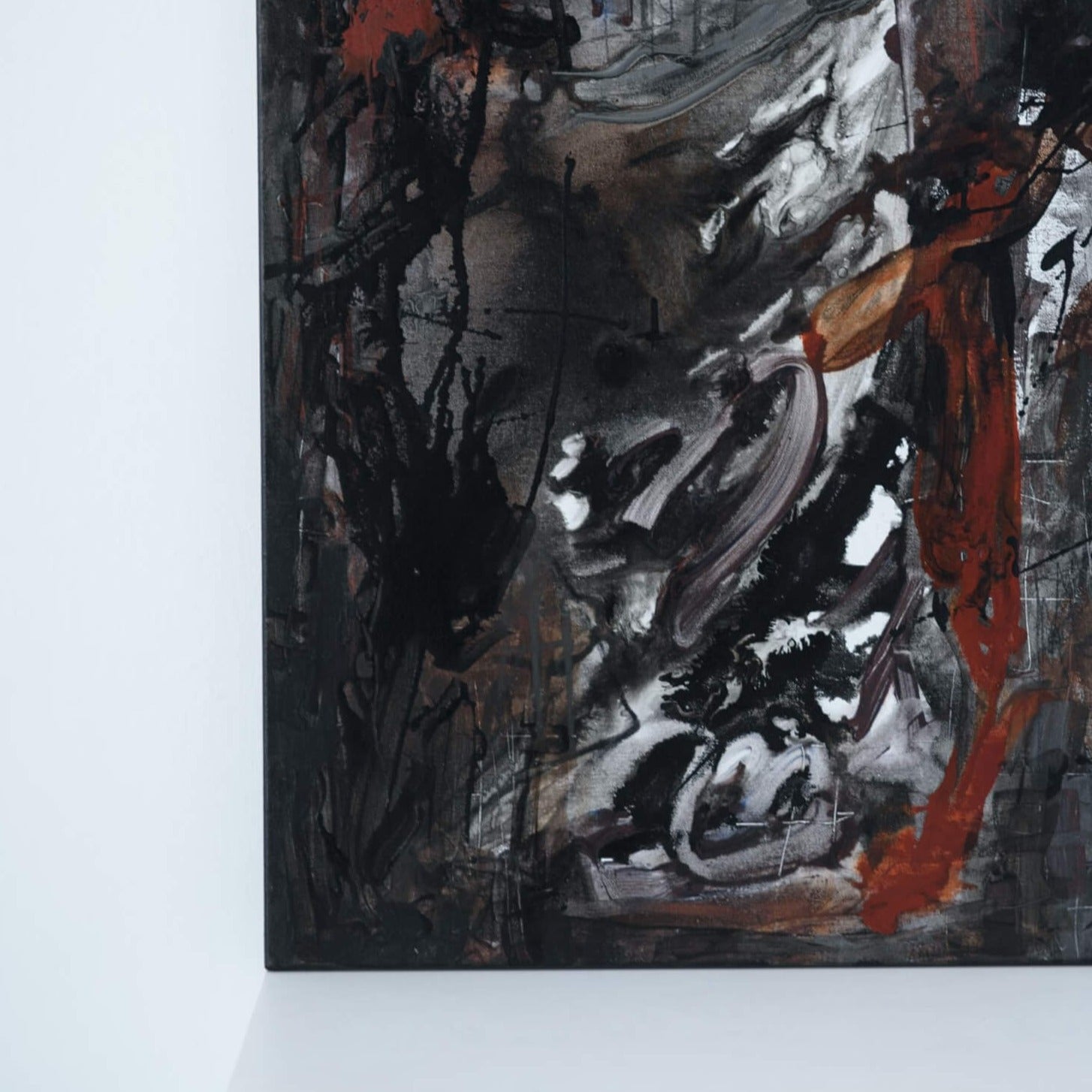 One-of-a-kind abstract artwork. 80x80cm 31.4"x31.4" Acrylic | Mixed Media on canvas painting. Burnt sienna, gray, black and white colors. Stretched canvas. Ready to hang. Unframed. Painting for modern interiors. Detail