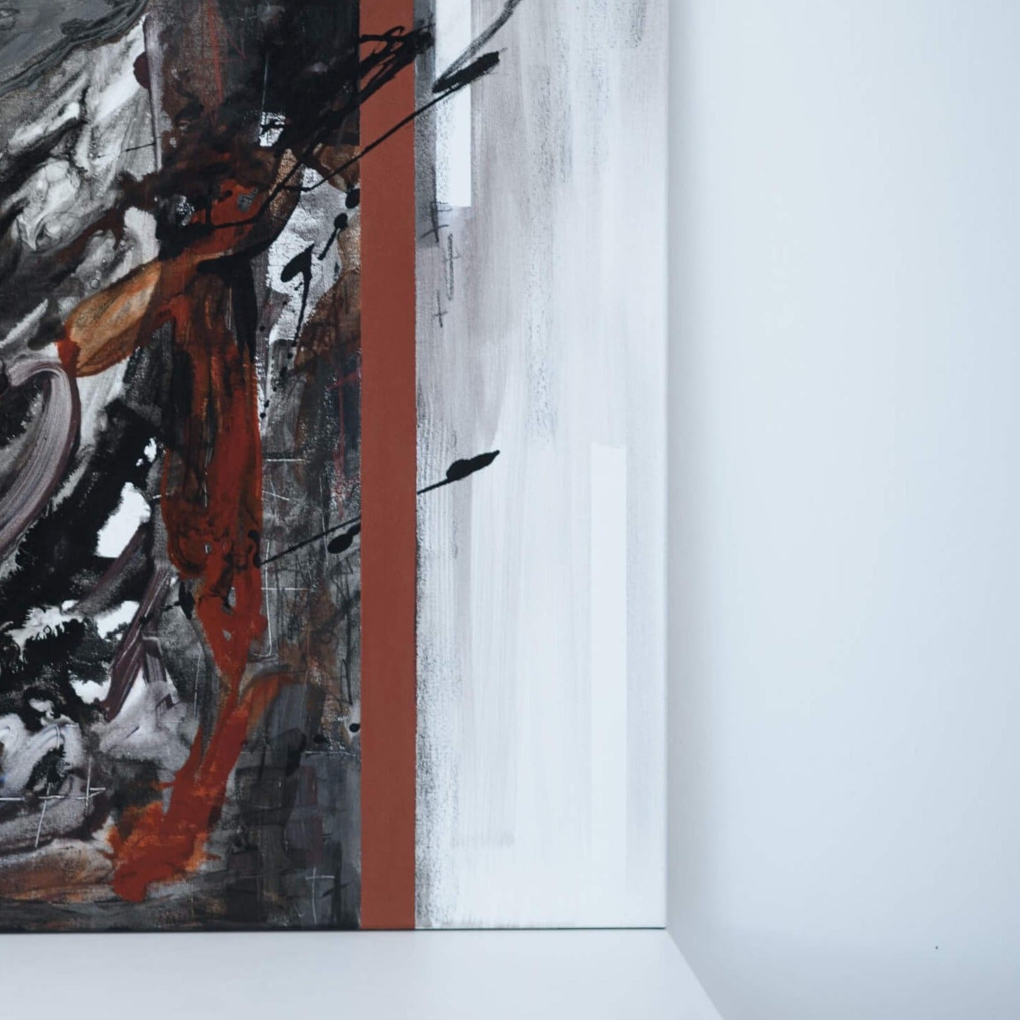 One-of-a-kind abstract artwork. 80x80cm 31.4"x31.4" Acrylic | Mixed Media on canvas painting. Burnt sienna, gray, black and white colors. Stretched canvas. Ready to hang. Unframed. Painting for modern interiors. Detail