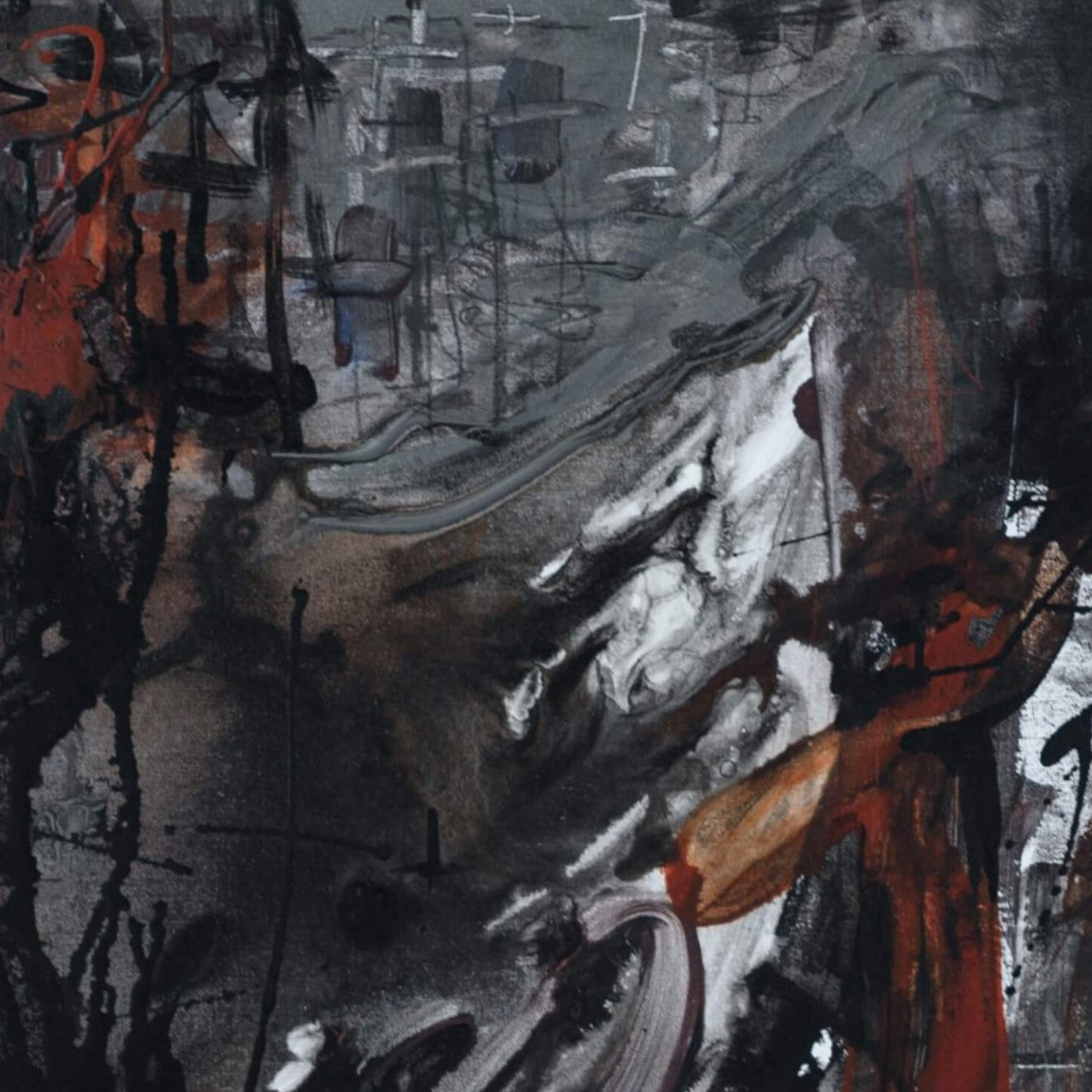 One-of-a-kind abstract artwork. 80x80cm 31.4"x31.4" Acrylic | Mixed Media on canvas painting. Burnt sienna, gray, black and white colors. Stretched canvas. Ready to hang. Unframed. Painting for modern interiors by Laura Treimane Saulaja. Close-up detail