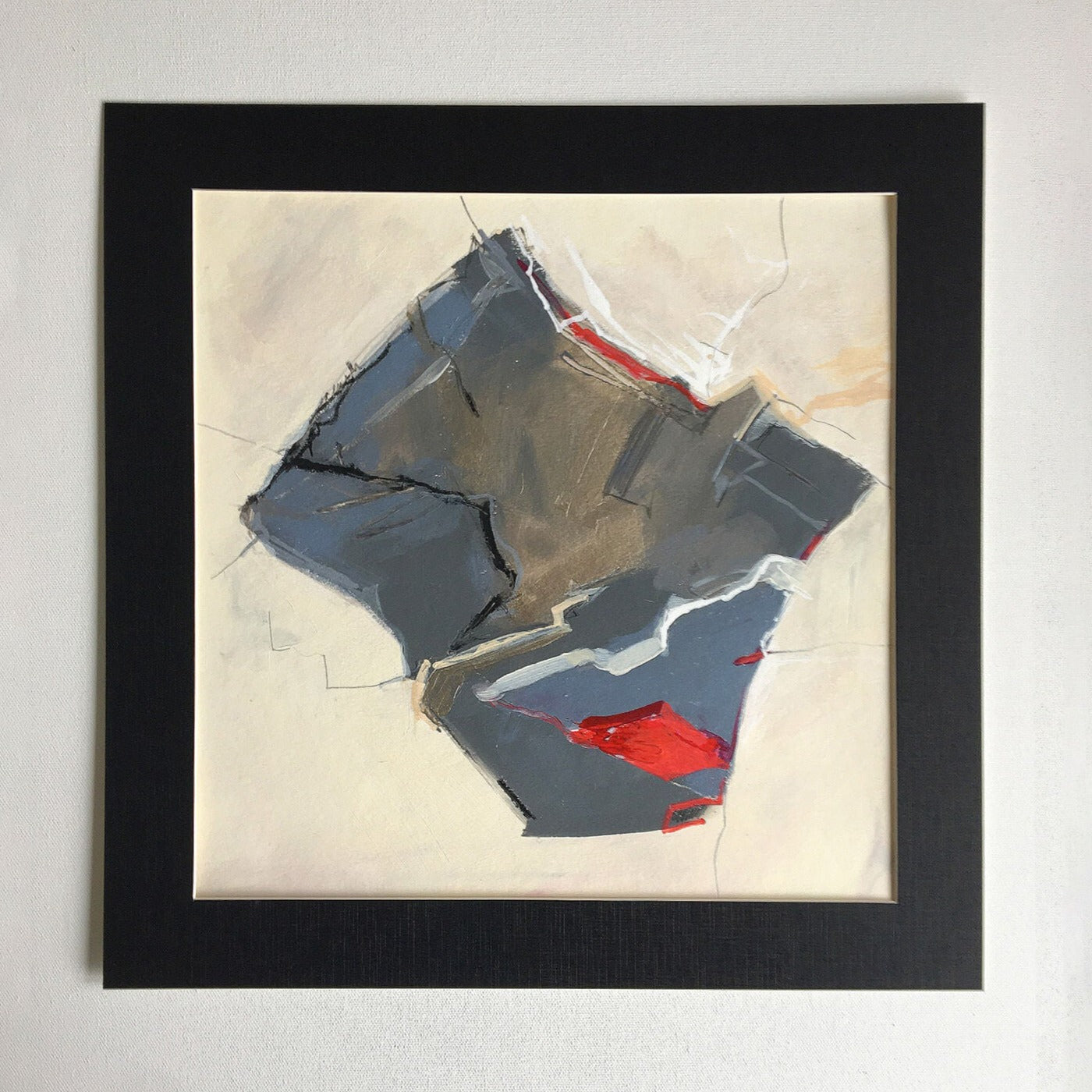 One-of-a-kind mixed media artwork HOLIDAY LANDSCAPE on paper in white, red, and black colors. Intuitive and dynamic composition in the artist's art practice. Framed in black, matt paper frame.