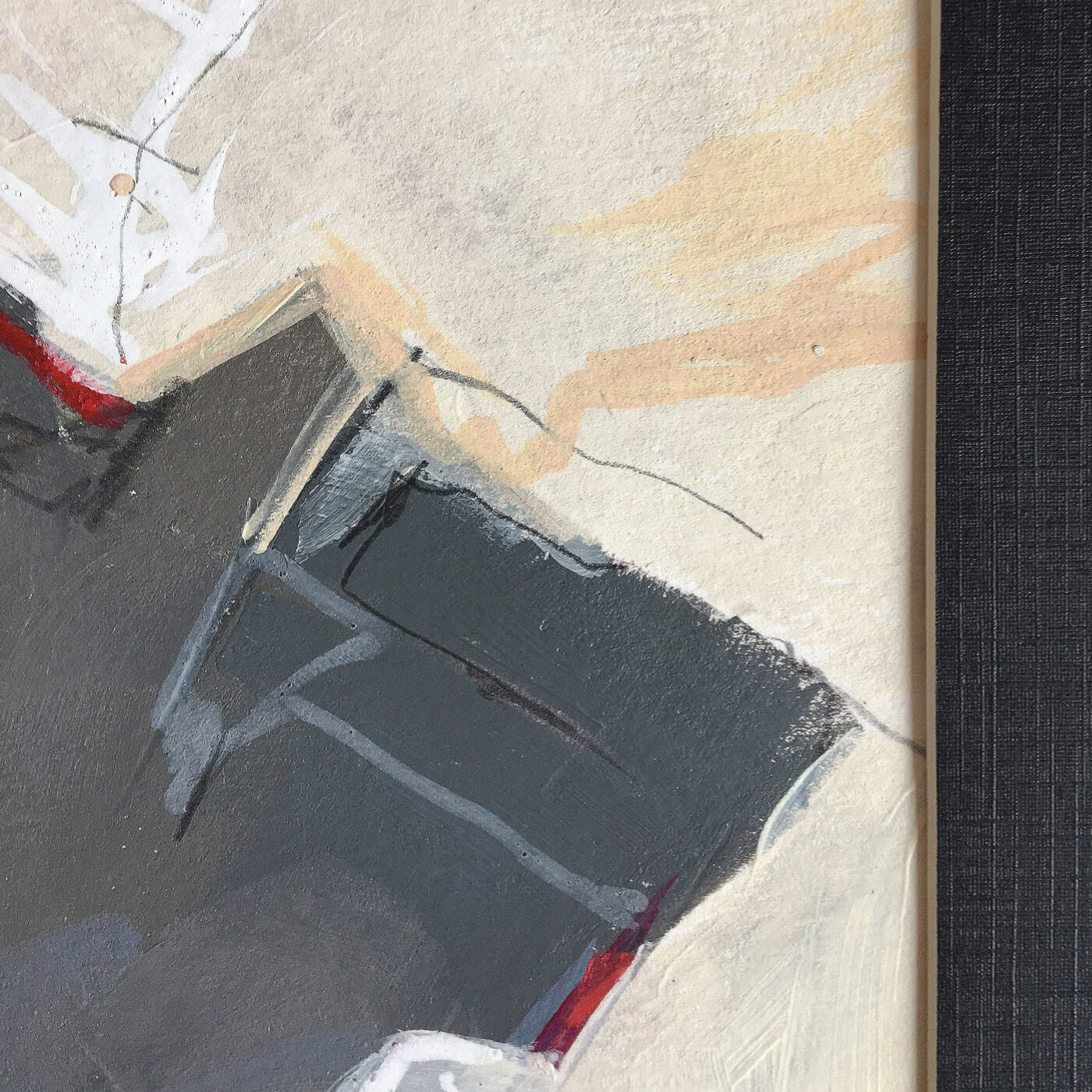 One-of-a-kind mixed media artwork HOLIDAY LANDSCAPE on paper in white, red, and black colors. Intuitive and dynamic composition in the artist's art practice. Framed in black, matt paper frame. Detail