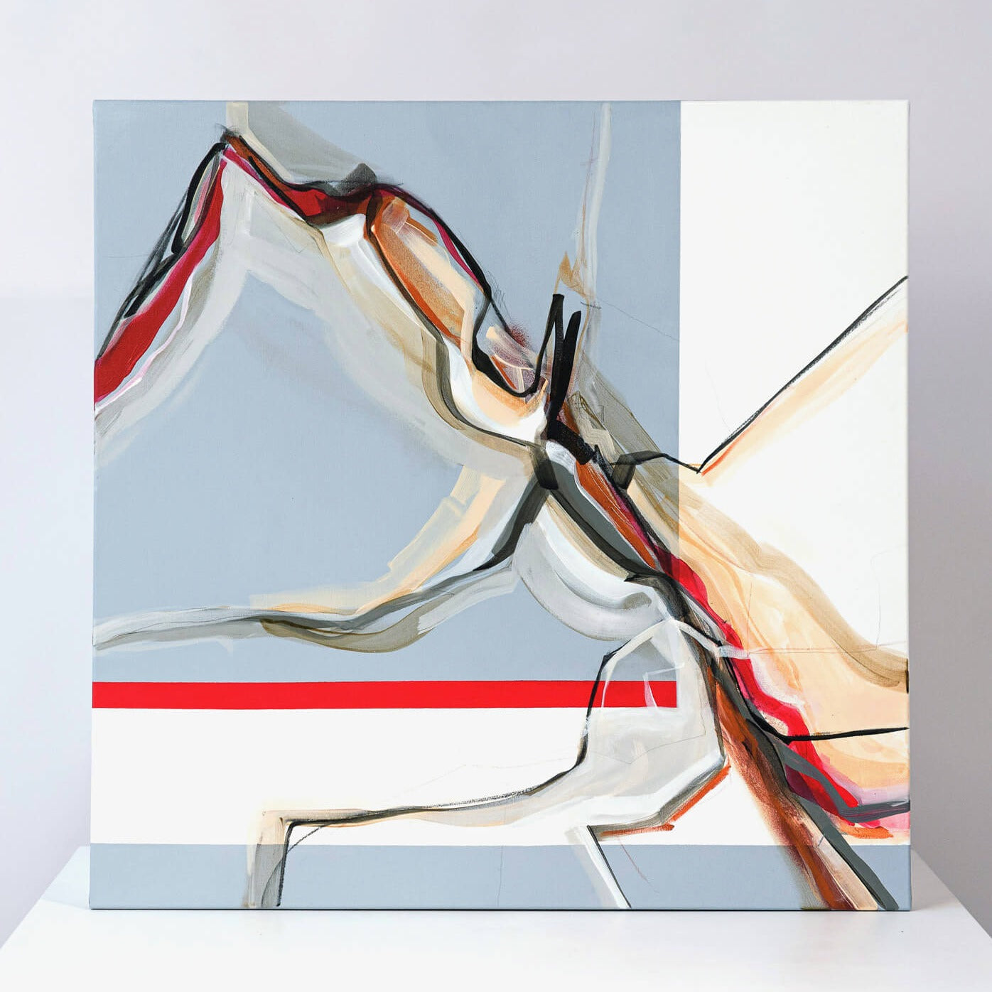 One-of-a-kind abstract painting CHANGES IN MOVEMENT. EVENING. 90x90cm 35.4"x35.4" Acrylic | Mixed Media on canvas. Gray, red, burnt sienna, and white colors. Stretched canvas. Ready to hang. Unframed. Painting for modern interiors. The artist's story is about changes in movement and what is going on right now. Contemporary painting.