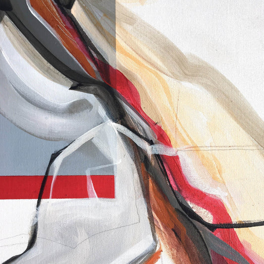 One-of-a-kind abstract painting CHANGES IN MOVEMENT. EVENING. 90x90cm 35.4"x35.4" Acrylic | Mixed Media on canvas. Gray, red, burnt sienna, and white colors. Stretched canvas. Ready to hang. Unframed. Painting for modern interiors. The artist's story is about changes in movement and what is going on right now. Contemporary painting. Detail