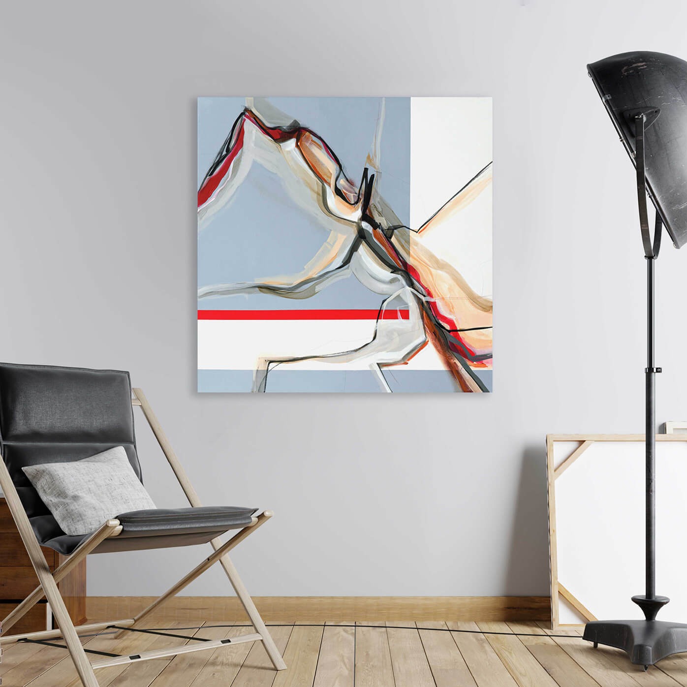 One-of-a-kind abstract painting CHANGES IN MOVEMENT. EVENING. 90x90cm 35.4"x35.4" Acrylic | Mixed Media on canvas. Gray, red, burnt sienna, and white colors. Stretched canvas. Ready to hang. Unframed. Painting for modern interiors. The artist's story is about changes in movement and what is going on right now. Contemporary painting. Mockup