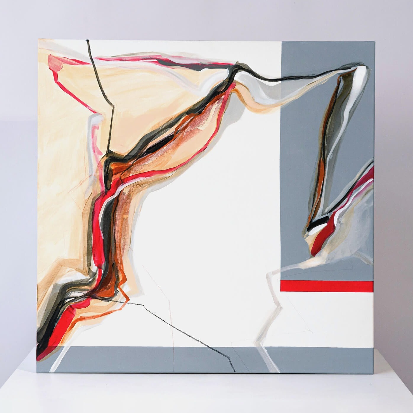 One-of-a-kind abstract painting CHANGES IN MOVEMENT. MORNING 90x90cm 35.4"x35.4" Acrylic | Mixed Media on canvas. Gray, red, burnt sienna, and white colors. Stretched canvas. Ready to hang. Unframed. Painting for modern interiors. The artist's story is about changes in movement and what is going on right now. Contemporary painting.