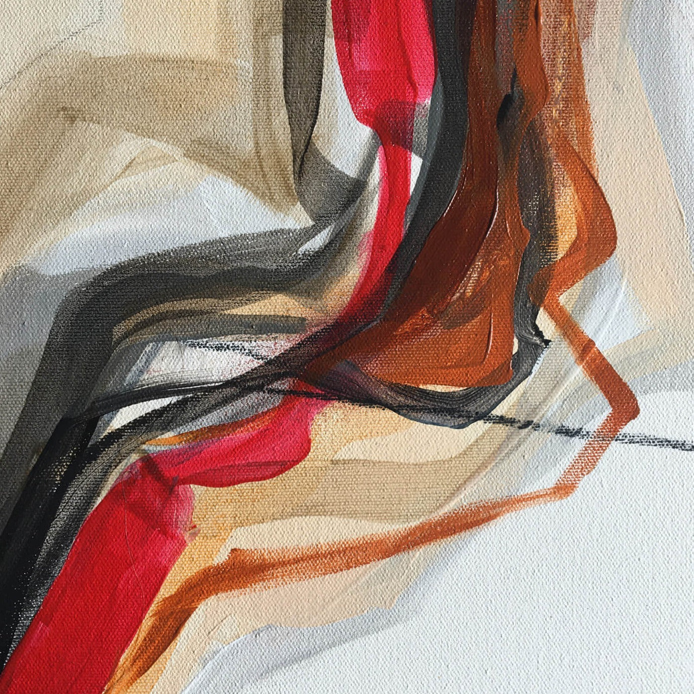 One-of-a-kind abstract painting CHANGES IN MOVEMENT. MORNING 90x90cm 35.4"x35.4" Acrylic | Mixed Media on canvas. Gray, red, burnt sienna, and white colors. Stretched canvas. Ready to hang. Unframed. Painting for modern interiors. The artist's story is about changes in movement and what is going on right now. Contemporary painting. Detail