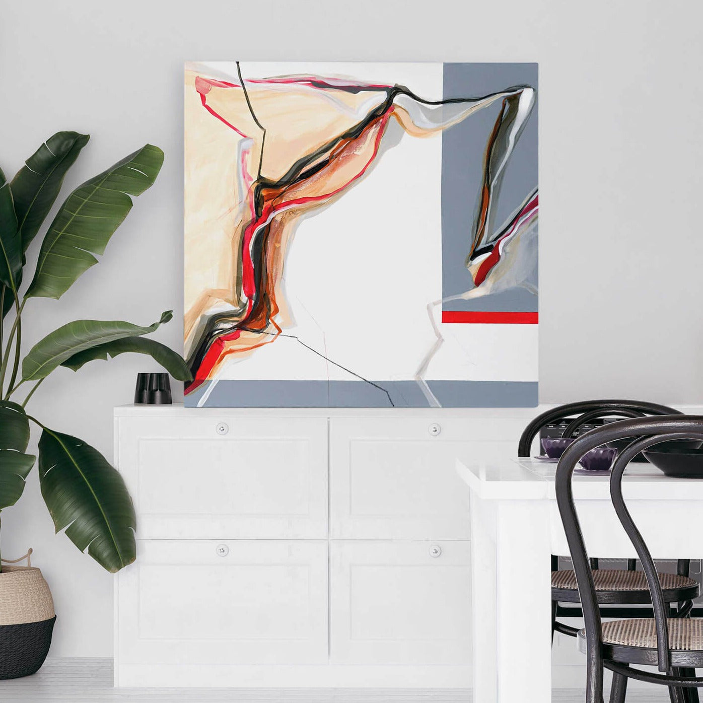One-of-a-kind abstract painting CHANGES IN MOVEMENT. MORNING 90x90cm 35.4"x35.4" Acrylic | Mixed Media on canvas. Gray, red, burnt sienna, and white colors. Stretched canvas. Ready to hang. Unframed. Painting for modern interiors. The artist's story is about changes in movement and what is going on right now. Contemporary painting. Mockup photo by artjafara