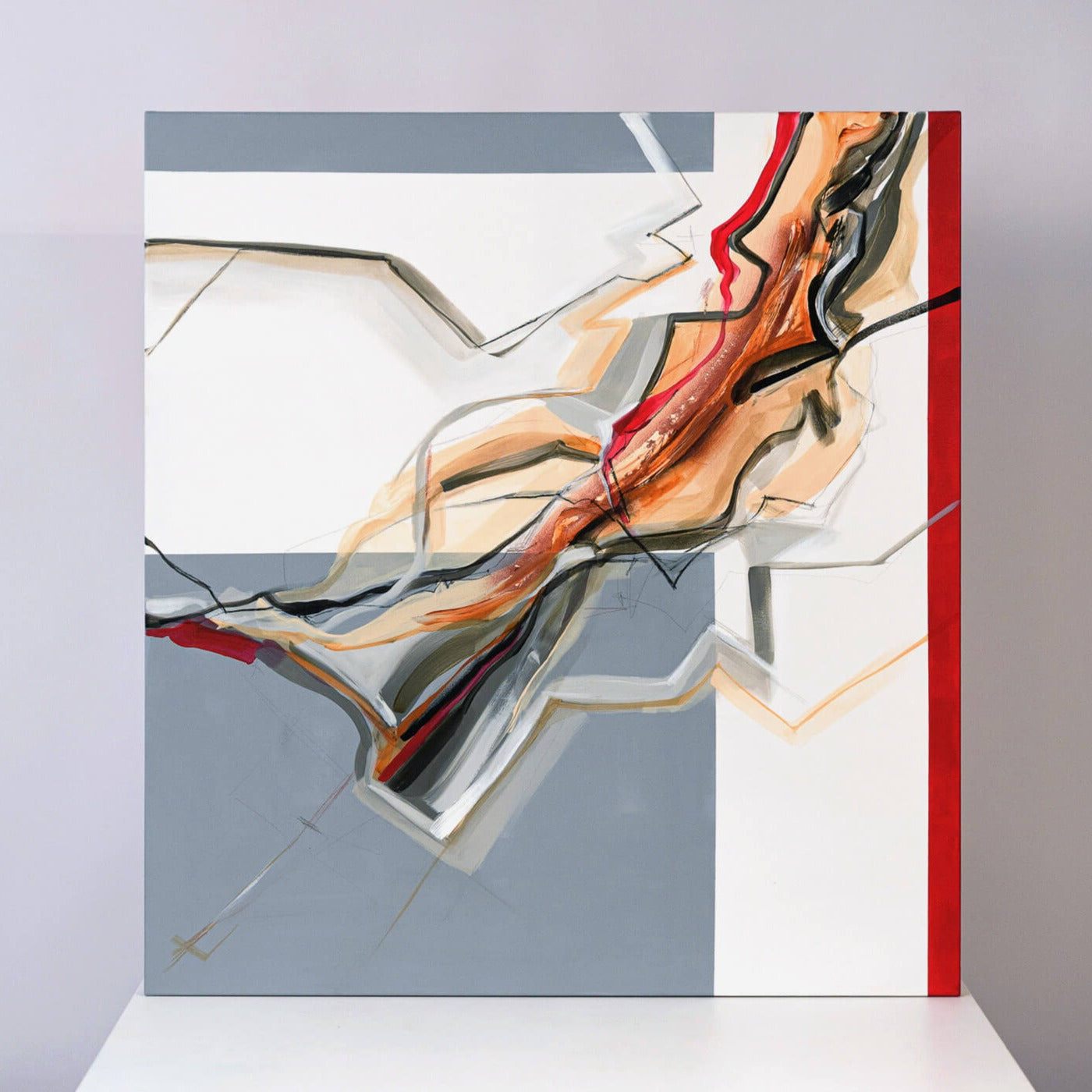 One-of-a-kind abstract painting CHANGES IN MOVEMENT. TODAY. 100x120cm 39.3"x47.2" Acrylic | Mixed Media on canvas. Gray, red, burnt sienna, and white colors. Stretched canvas. Ready to hang. Unframed. Painting for modern interiors. The artist's story is about changes in movement and what is going on right now. Contemporary painting.