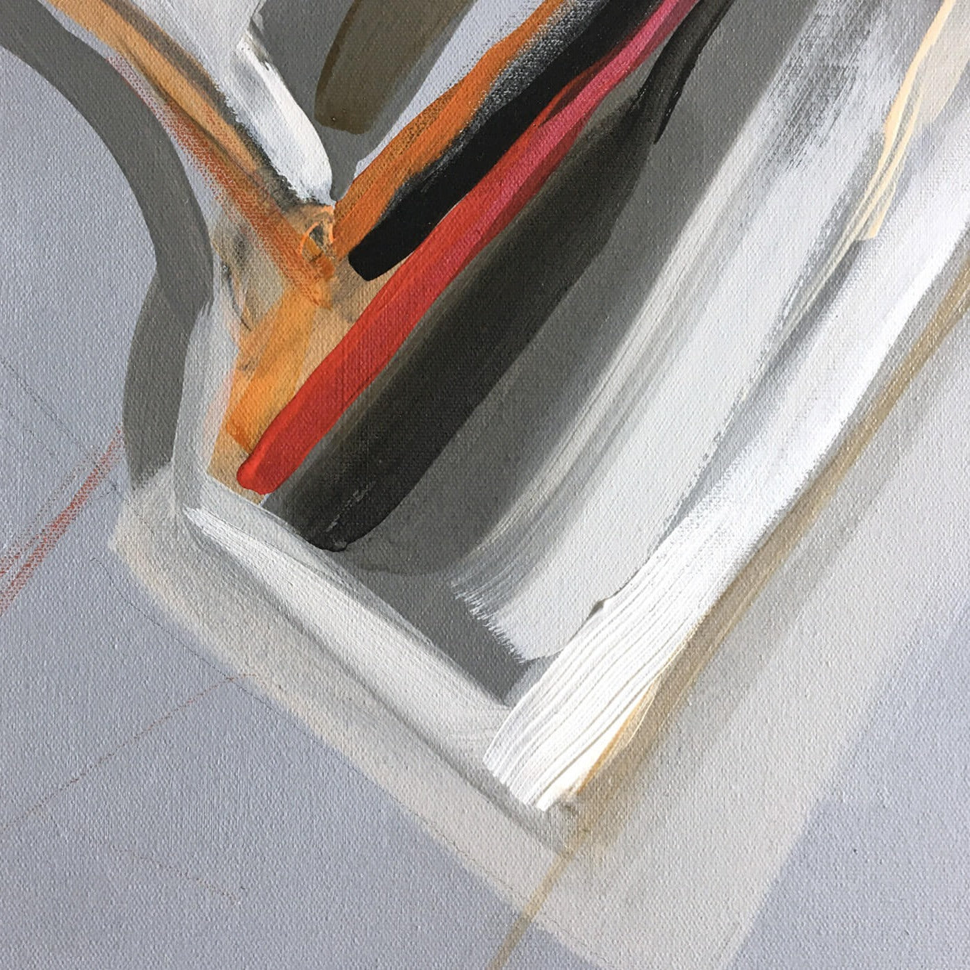 One-of-a-kind abstract painting CHANGES IN MOVEMENT. TODAY. 100x120cm 39.3"x47.2" Acrylic | Mixed Media on canvas. Gray, red, burnt sienna, and white colors. Stretched canvas. Ready to hang. Unframed. Painting for modern interiors. The artist's story is about changes in movement and what is going on right now. Contemporary painting. Detail