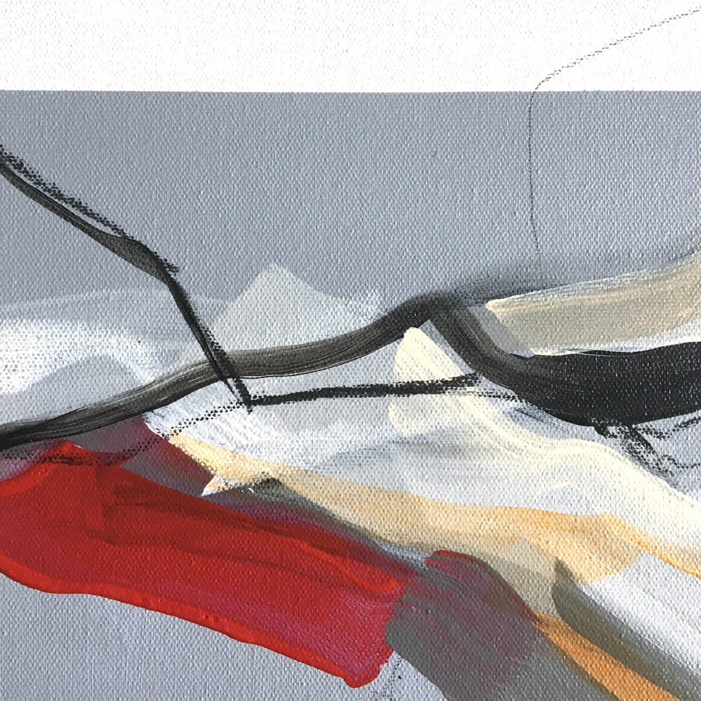 One-of-a-kind abstract painting CHANGES IN MOVEMENT. TODAY. 100x120cm 39.3"x47.2" Acrylic | Mixed Media on canvas. Gray, red, burnt sienna, and white colors. Stretched canvas. Ready to hang. Unframed. Painting for modern interiors. The artist's story is about changes in movement and what is going on right now. Contemporary painting detail