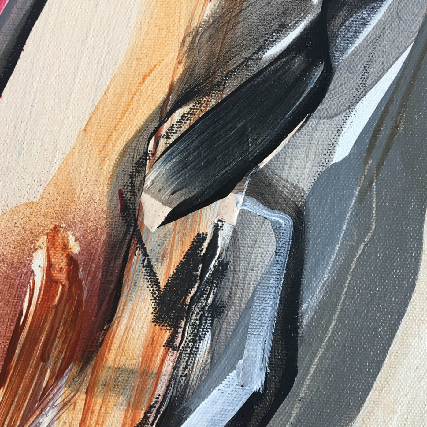 One-of-a-kind abstract painting CHANGES IN MOVEMENT. TODAY. 100x120cm 39.3"x47.2" Acrylic | Mixed Media on canvas. Gray, red, burnt sienna, and white colors. Stretched canvas. Ready to hang. Unframed. Painting for modern interiors. The artist's story is about changes in movement and what is going on right now. Contemporary painting detail