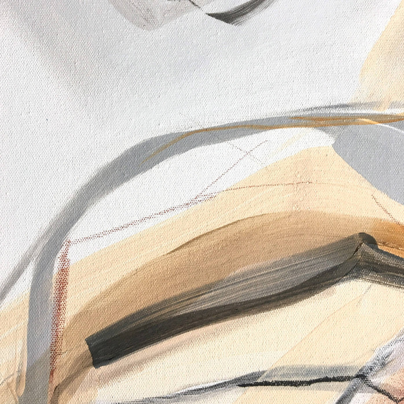 One-of-a-kind abstract painting CHANGES IN MOVEMENT. TODAY. 100x120cm 39.3"x47.2" Acrylic | Mixed Media on canvas. Gray, red, burnt sienna, and white colors. Stretched canvas. Ready to hang. Unframed. Painting for modern interiors. The artist's story is about changes in movement and what is going on right now. Contemporary painting detail