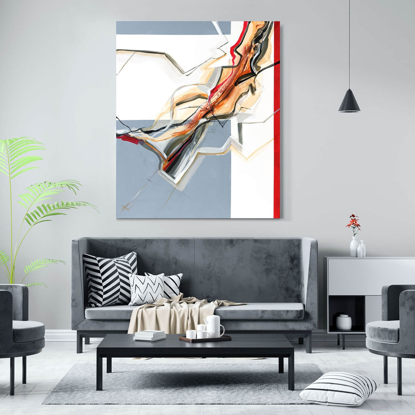 One-of-a-kind abstract painting CHANGES IN MOVEMENT. TODAY. 100x120cm 39.3"x47.2" Acrylic | Mixed Media on canvas. Gray, red, burnt sienna, and white colors. Stretched canvas. Ready to hang. Unframed. Painting for modern interiors. The artist's story is about changes in movement and what is going on right now. Contemporary painting mockup. Mockup photo by Salih