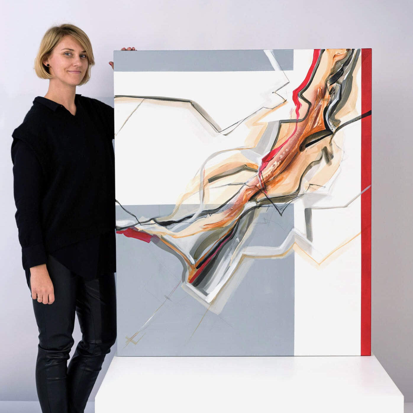 One-of-a-kind abstract painting CHANGES IN MOVEMENT. TODAY. 100x120cm 39.3"x47.2" Acrylic | Mixed Media on canvas. Gray, red, burnt sienna, and white colors. Stretched canvas. Ready to hang. Unframed. Painting for modern interiors. The artist's story is about changes in movement and what is going on right now. Contemporary painting with author Laura Treimane Saulaja