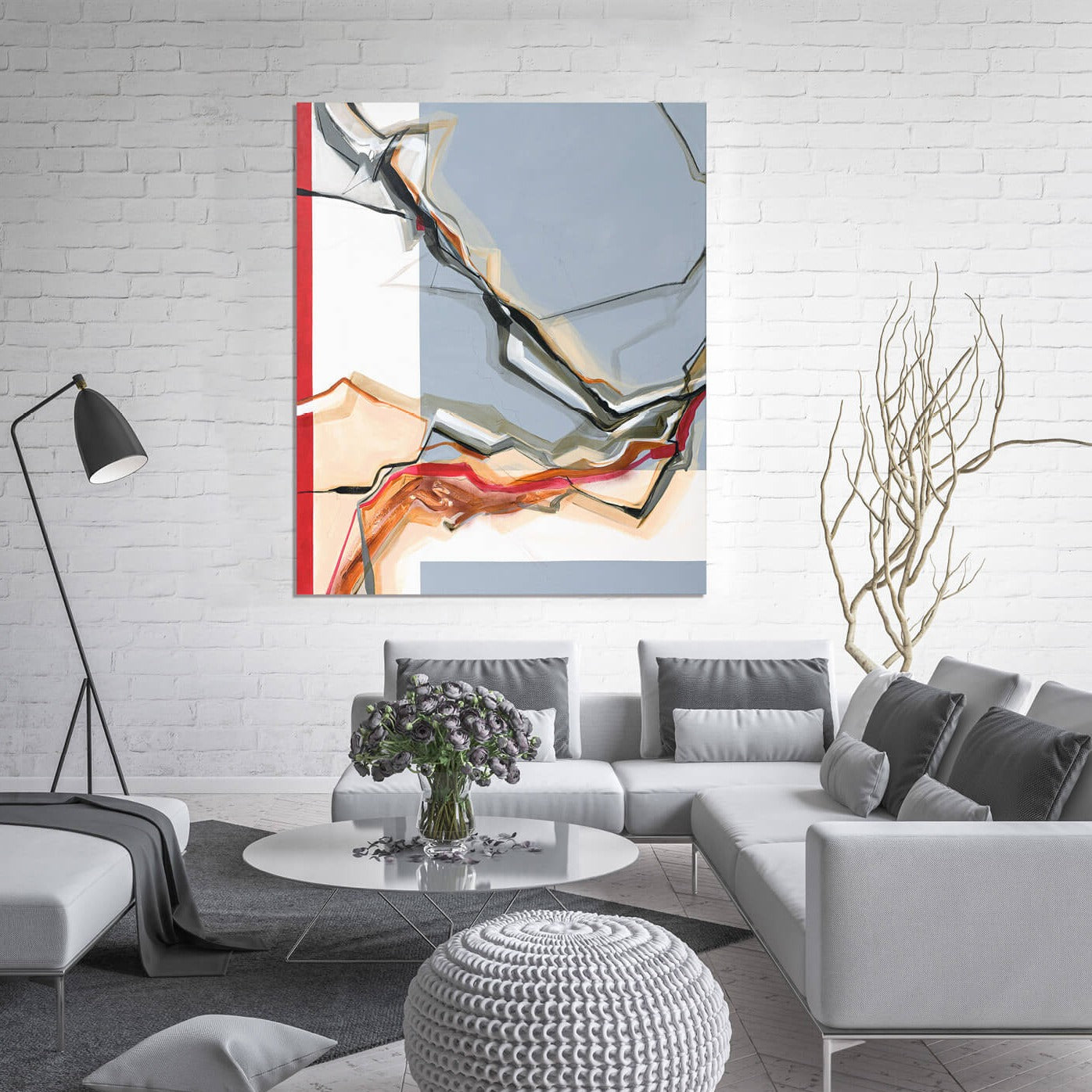 One-of-a-kind abstract painting CHANGES IN MOVEMENT. TOMORROW. 100x120cm 39.3"x47.2" Acrylic | Mixed Media on canvas. Gray, red, burnt sienna, and white colors. Stretched canvas. Ready to hang. Unframed. Painting for modern interiors. The artist's story is about changes in movement and what is going on right now. Contemporary painting. Mockup