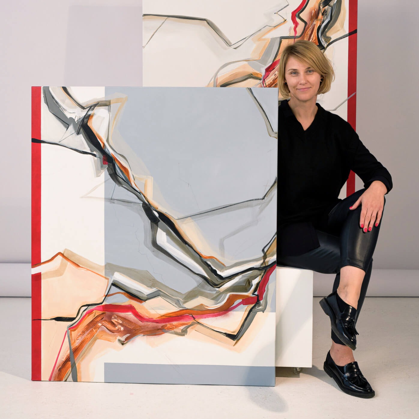 One-of-a-kind abstract painting CHANGES IN MOVEMENT. TOMORROW. 100x120cm 39.3"x47.2" Acrylic | Mixed Media on canvas. Gray, red, burnt sienna, and white colors. Stretched canvas. Ready to hang. Unframed. Painting for modern interiors. The artist's story is about changes in movement and what is going on right now. Contemporary painting. With contemporary painter Laura Treimane Saulaja