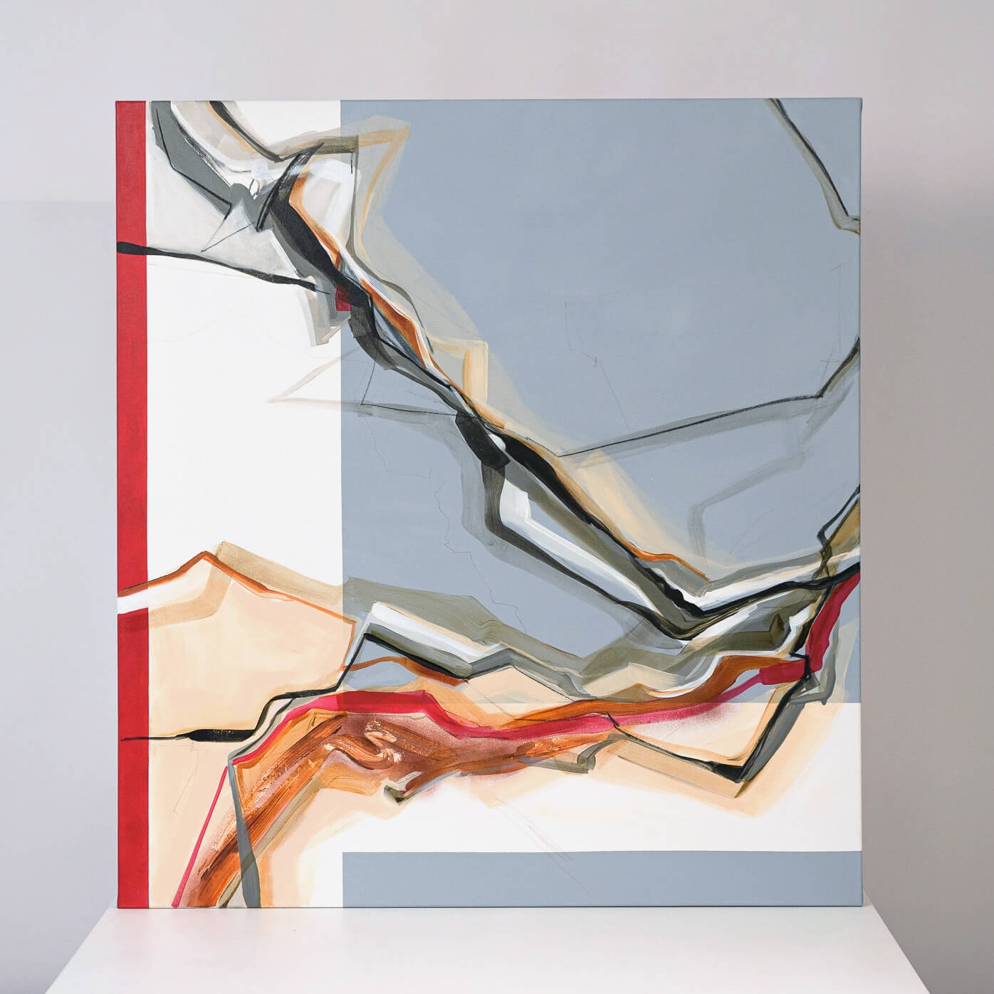 One-of-a-kind abstract painting CHANGES IN MOVEMENT. TOMORROW. 100x120cm 39.3"x47.2" Acrylic | Mixed Media on canvas. Gray, red, burnt sienna, and white colors. Stretched canvas. Ready to hang. Unframed. Painting for modern interiors. The artist's story is about changes in movement and what is going on right now. Contemporary painting.