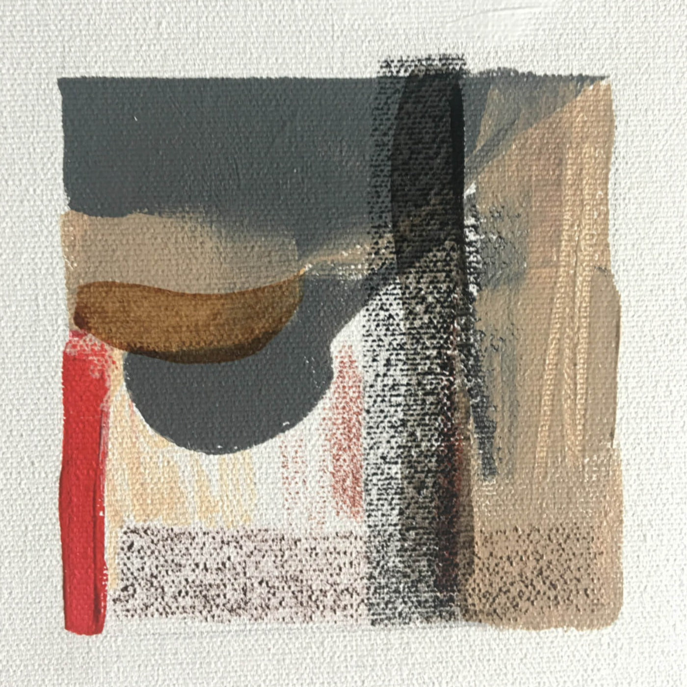 One-of-a-kind abstract painting SERIES OF STORIES by Laura Treimane Saulaja. 80x80cm 31.4"x31.4" Acrylic | Mixed Media on canvas. Gray, red, burnt sienna, black and white colors. Stretched canvas. Ready to hang. Unframed. Painting for modern interiors. Contemporary painting. Close up