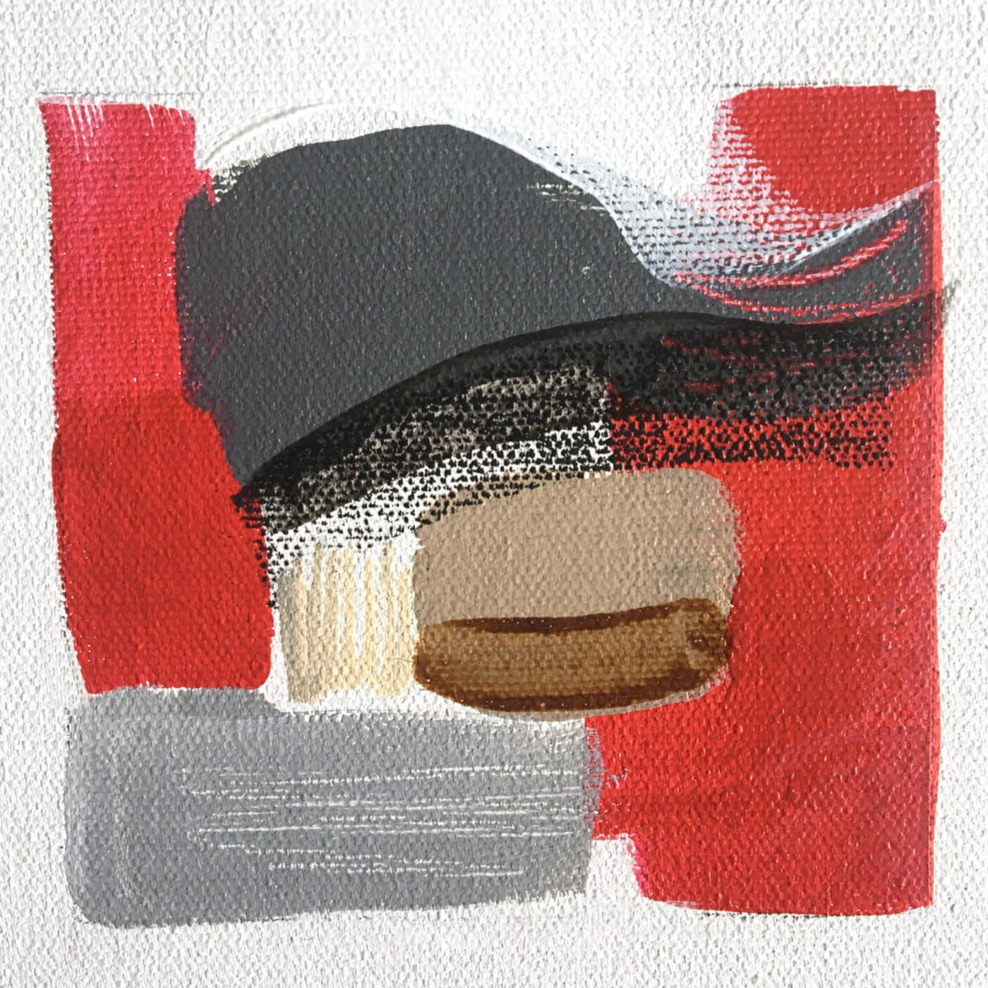 One-of-a-kind abstract painting SERIES OF STORIES by Laura Treimane Saulaja. 80x80cm 31.4"x31.4" Acrylic | Mixed Media on canvas. Gray, red, burnt sienna, black and white colors. Stretched canvas. Ready to hang. Unframed. Painting for modern interiors. Contemporary painting. Close up