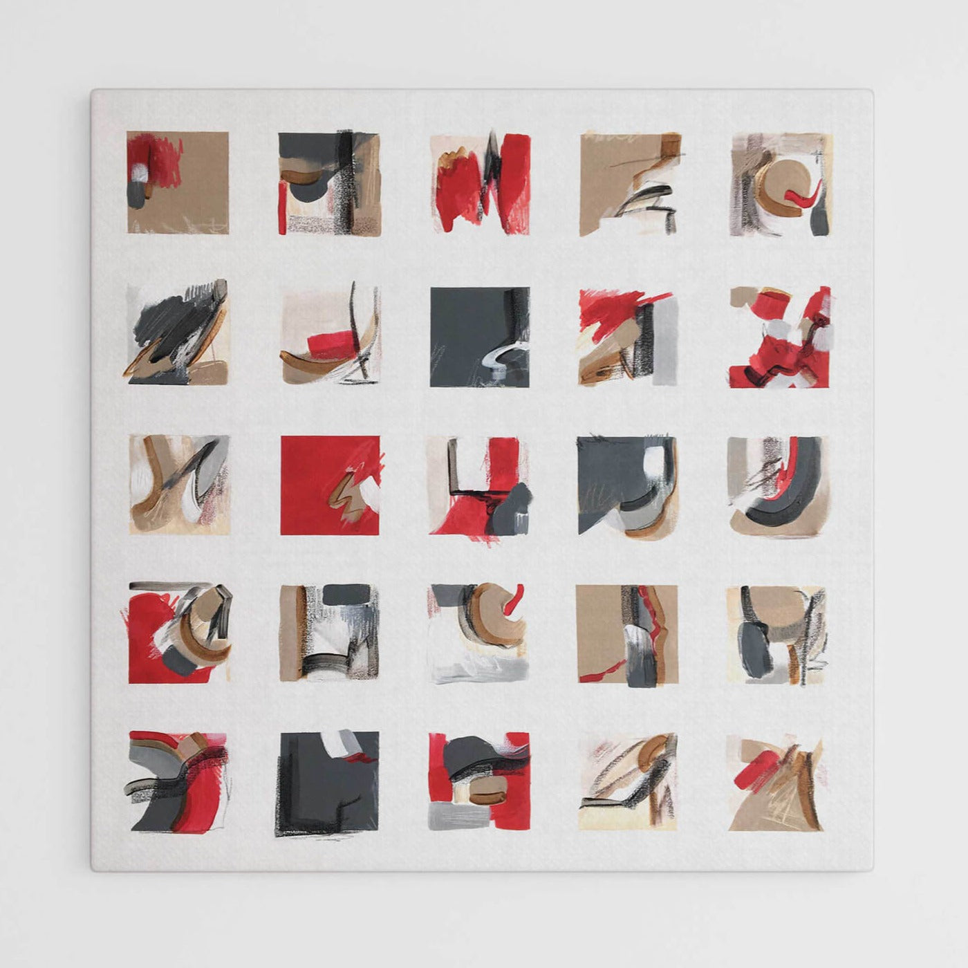 One-of-a-kind abstract painting SERIES OF STORIES by Laura Treimane Saulaja. 80x80cm 31.4"x31.4" Acrylic | Mixed Media on canvas. Gray, red, burnt sienna, black and white colors. Stretched canvas. Ready to hang. Unframed. Painting for modern interiors. Contemporary painting.