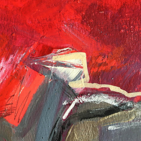 One-of-a-kind mixed media artwork SUNSET on paper in white, red, and black colors. Intuitive and dynamic composition in the artist's art practice. Framed in black, matt paper frame. Detail