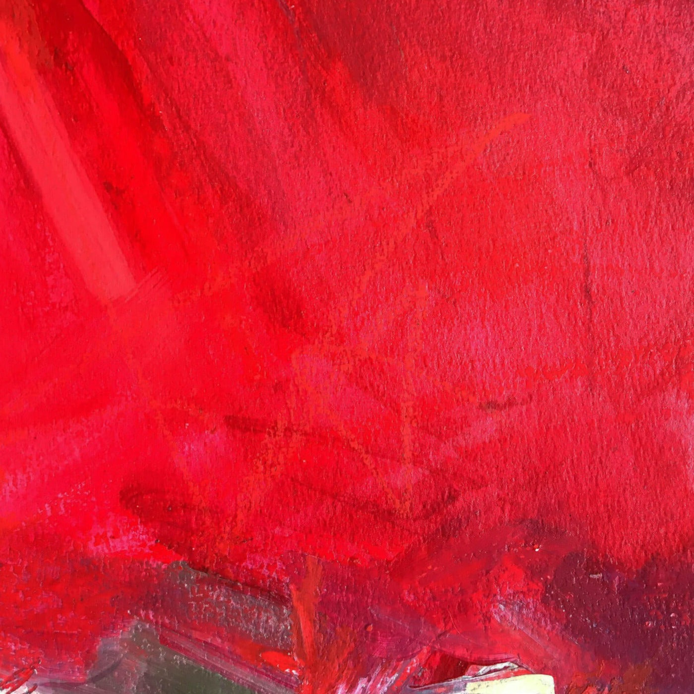 One-of-a-kind mixed media artwork SUNSET on paper in white, red, and black colors. Intuitive and dynamic composition in the artist's art practice. Framed in black, matt paper frame. Detail