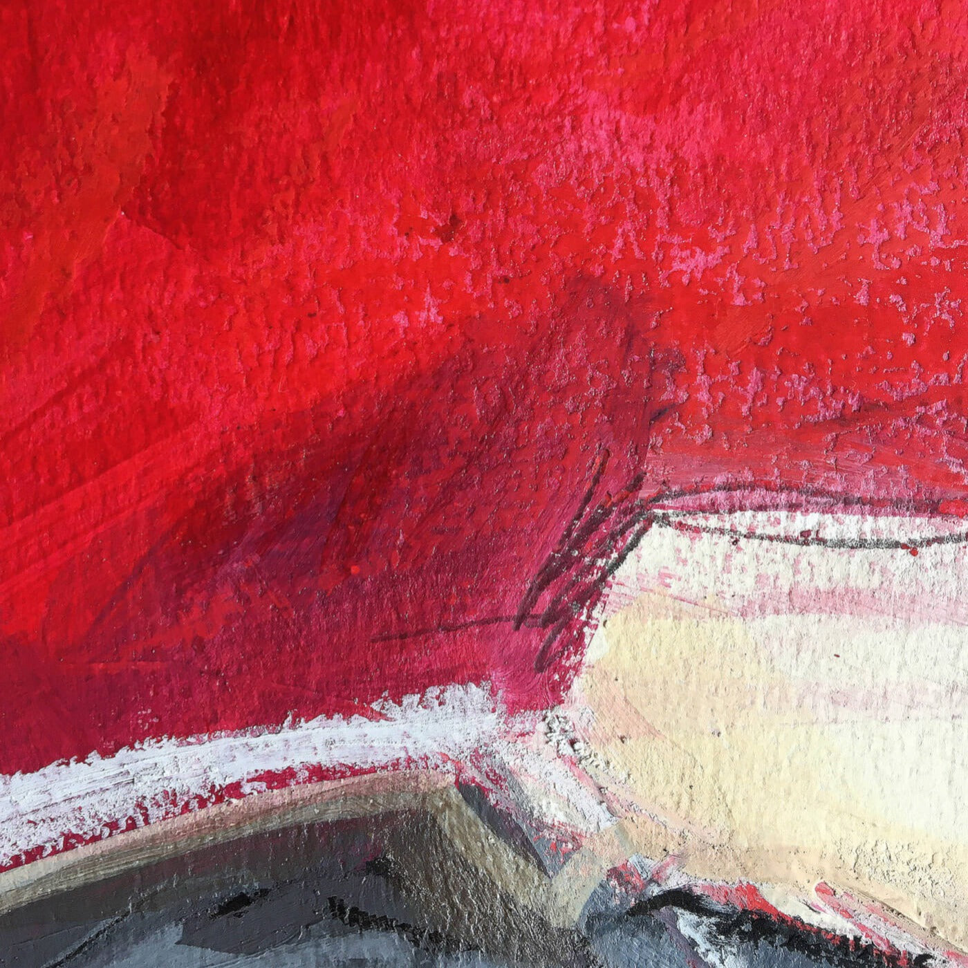 One-of-a-kind mixed media artwork SUNSET on paper in white, red, and black colors. Intuitive and dynamic composition in the artist's art practice. Framed in black, matt paper frame. Detail