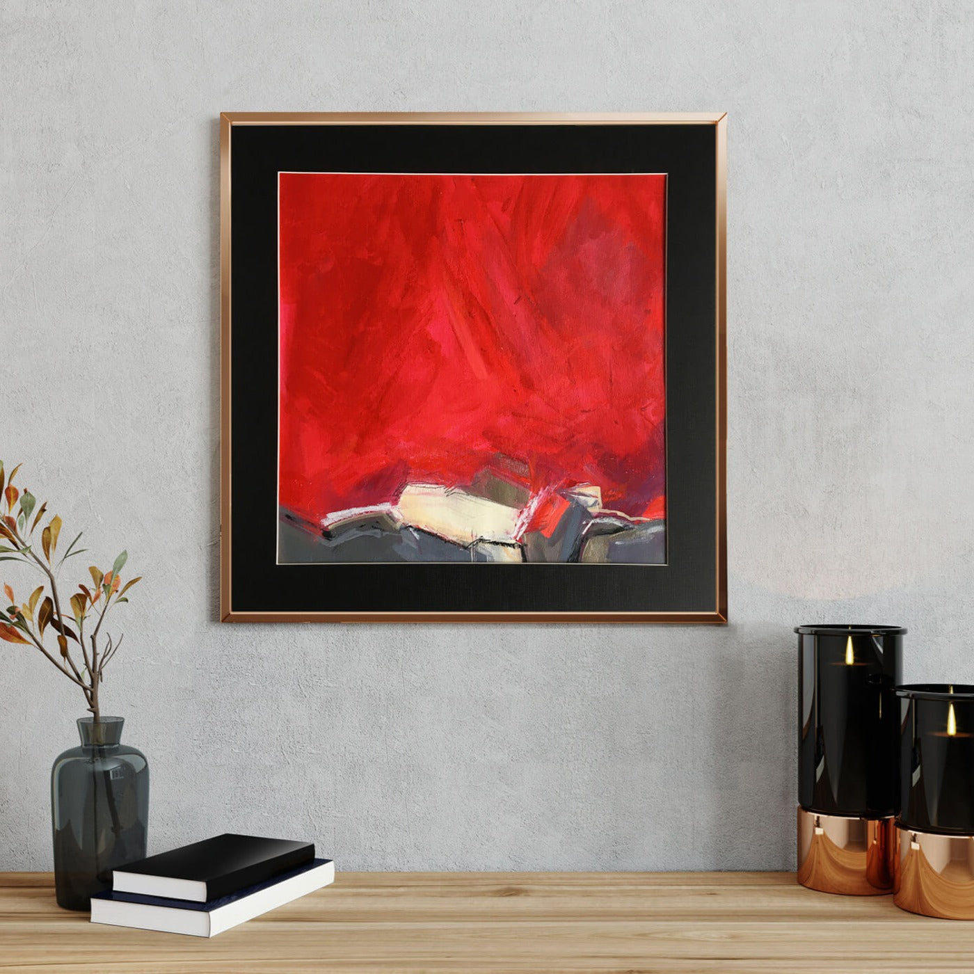 One-of-a-kind mixed media artwork SUNSET on paper in white, red, and black colors. Intuitive and dynamic composition in the artist's art practice. Framed in black, matt paper frame. Mockup photo.