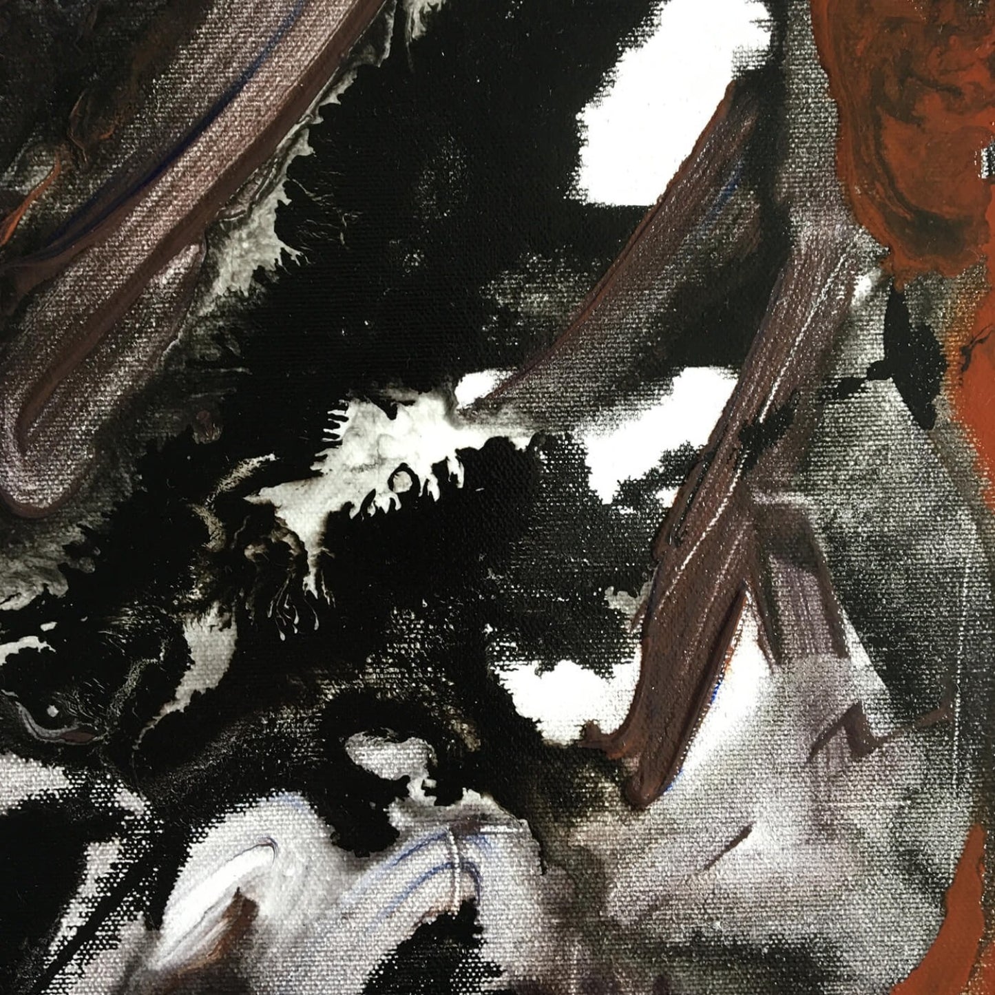 One-of-a-kind abstract artwork. 80x80cm 31.4"x31.4" Acrylic | Mixed Media on canvas painting. Burnt sienna, gray, black and white colors. Stretched canvas. Ready to hang. Unframed. Painting for modern interiors. Close-up detail