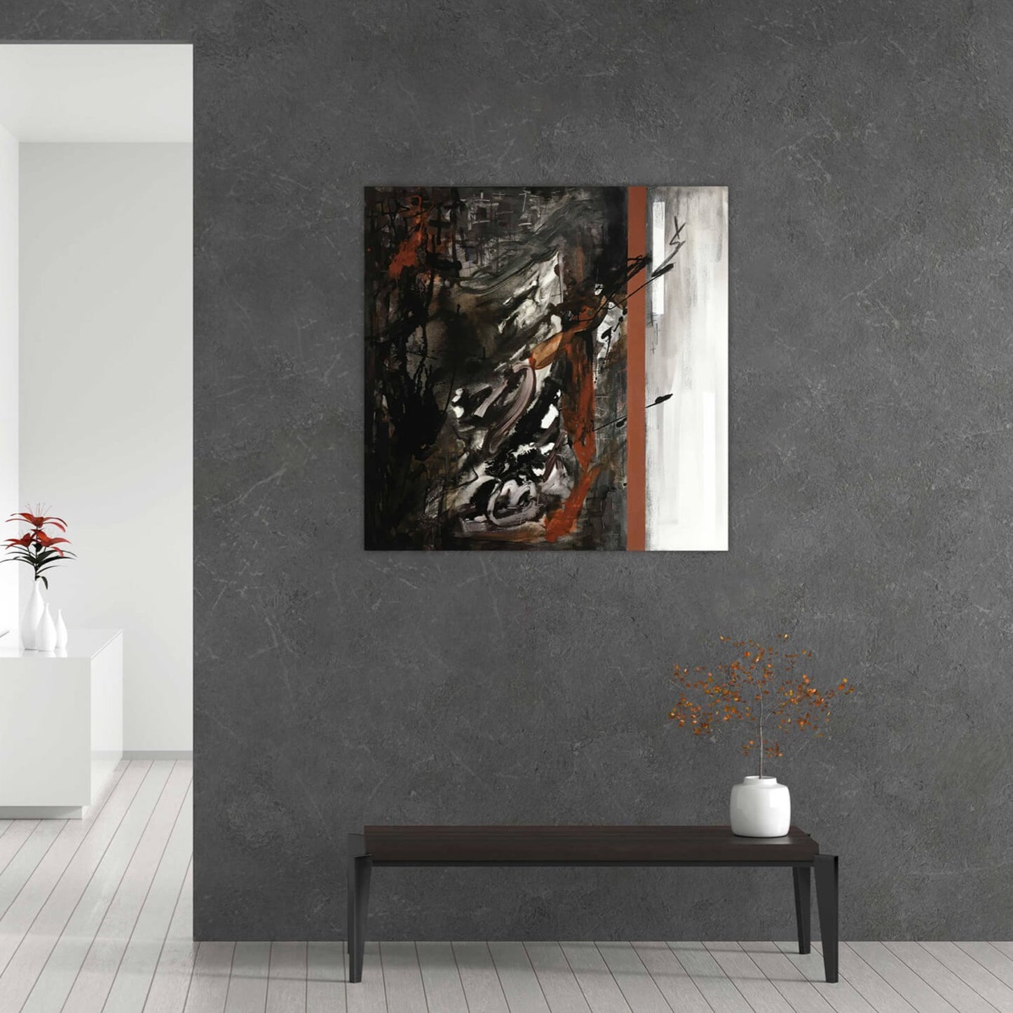 One-of-a-kind abstract artwork. 80x80cm 31.4"x31.4" Acrylic | Mixed Media on canvas painting. Burnt sienna, gray, black and white colors. Stretched canvas. Ready to hang. Unframed. Painting for modern interiors. Mockup photo by Salih