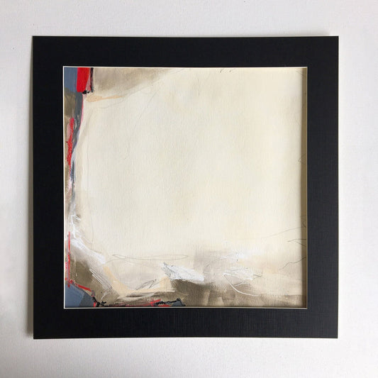 One-of-a-kind mixed media artwork THE SILENCE OF THE HOLIDAY LANDSCAPE on paper in white, red, and black colors. Intuitive and dynamic composition in the artist's art practice. Framed in black, matt paper frame.