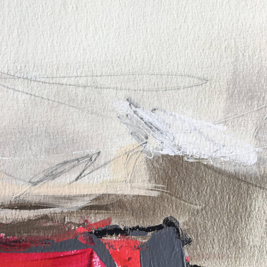 One-of-a-kind mixed media artwork THE SILENCE OF THE HOLIDAY LANDSCAPE on paper in white, red, and black colors. Intuitive and dynamic composition in the artist's art practice. Framed in black, matt paper frame. Detail