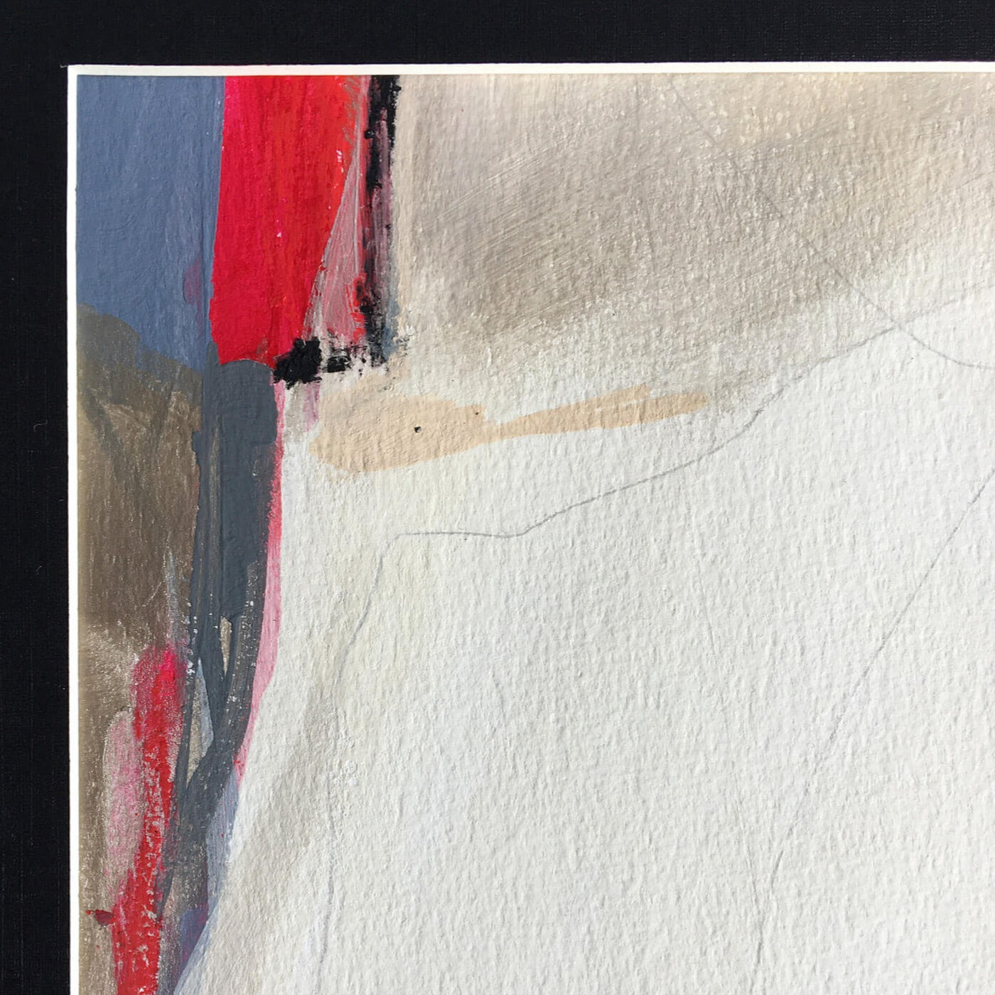 One-of-a-kind mixed media artwork THE SILENCE OF THE HOLIDAY LANDSCAPE on paper in white, red, and black colors. Intuitive and dynamic composition in the artist's art practice. Framed in black, matt paper frame. Detail