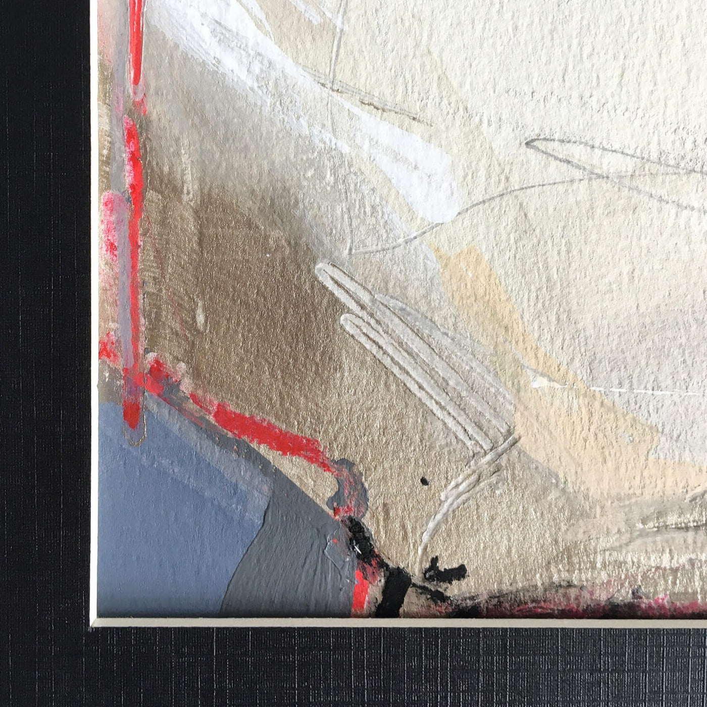 One-of-a-kind mixed media artwork THE SILENCE OF THE HOLIDAY LANDSCAPE on paper in white, red, and black colors. Intuitive and dynamic composition in the artist's art practice. Framed in black, matt paper frame. Detail