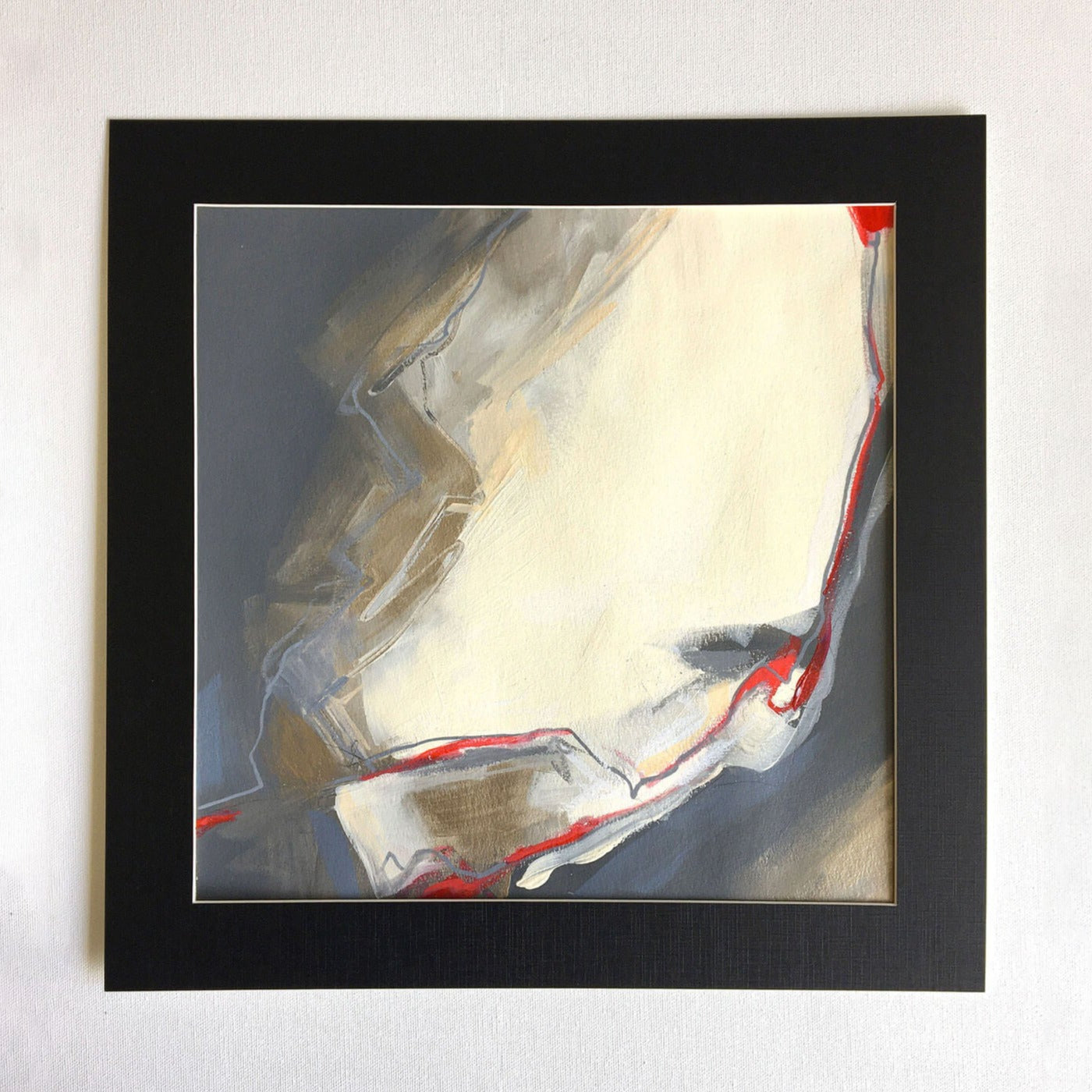 One-of-a-kind mixed media artwork on paper in white, red, and black colors. Intuitive and dynamic composition in the artist's art practice. Framed in black, matt paper frame.