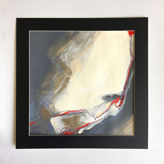 One-of-a-kind mixed media artwork on paper in white, red, and black colors. Intuitive and dynamic composition in the artist's art practice. Framed in black, matt paper frame.