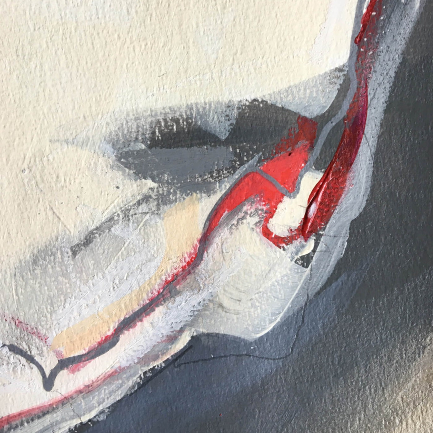 One-of-a-kind mixed media artwork on paper in white, red, and black colors. Intuitive and dynamic composition in the artist's art practice. Framed in black, matt paper frame. Detail