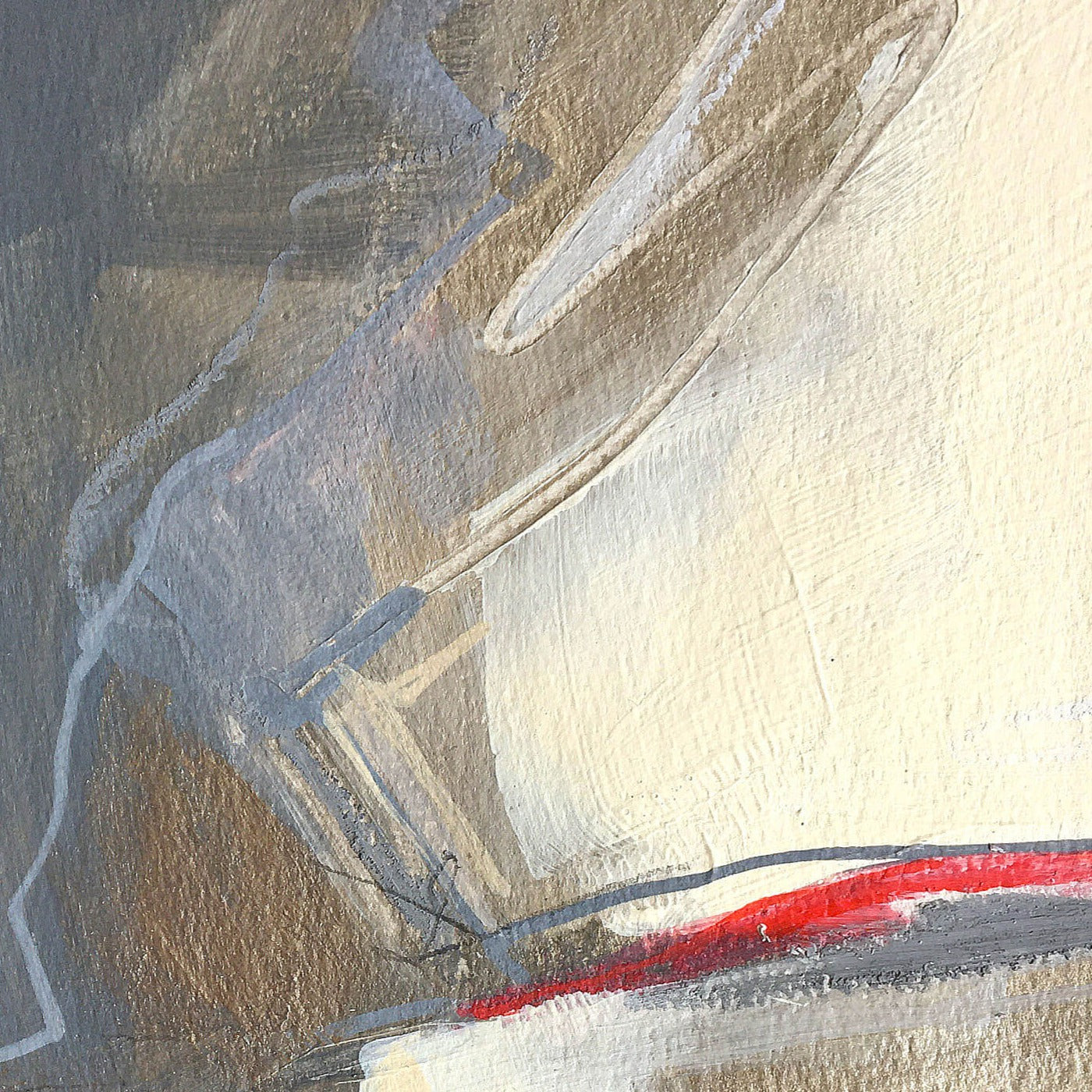 One-of-a-kind mixed media artwork on paper in white, red, and black colors. Intuitive and dynamic composition in the artist's art practice. Framed in black, matt paper frame. Detail