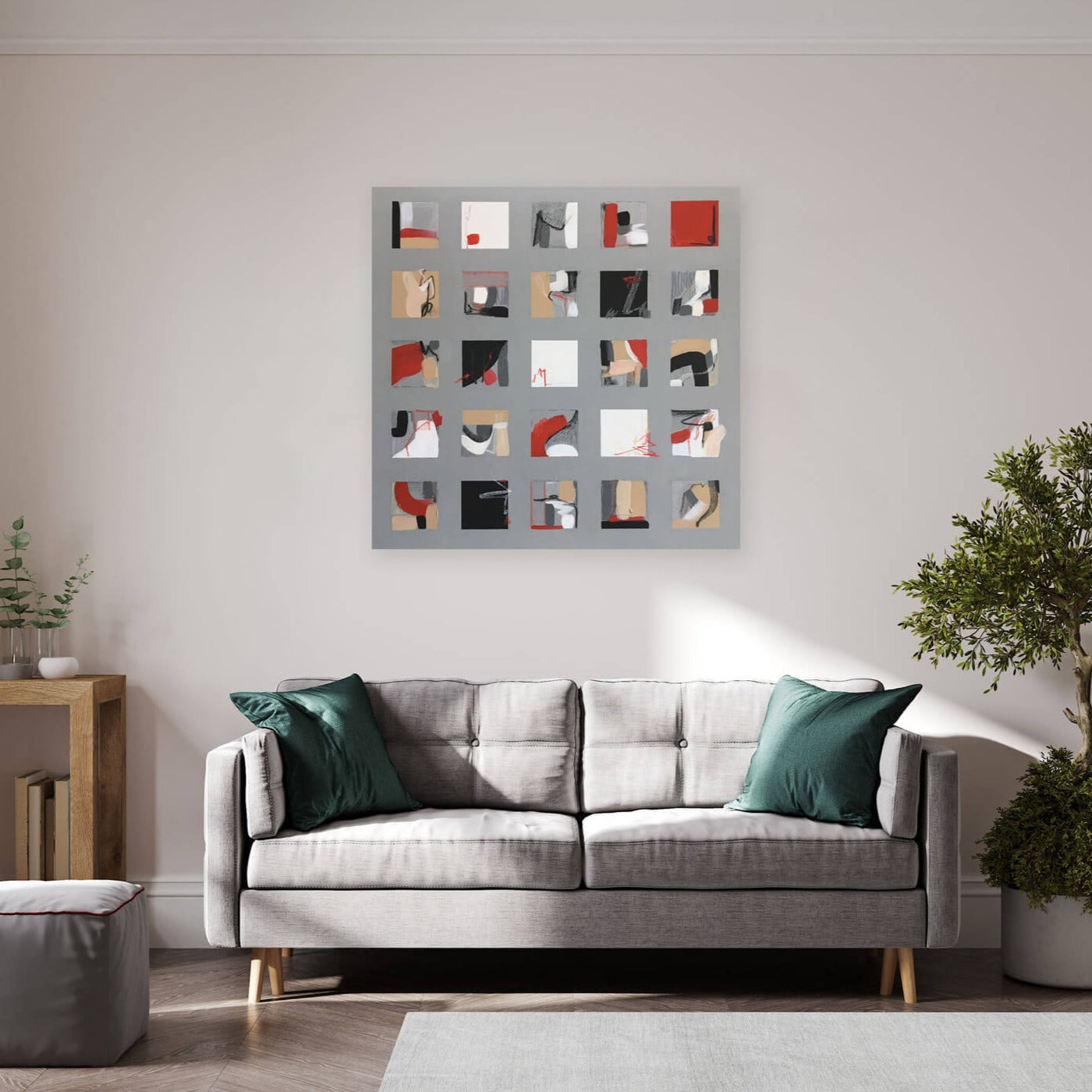 One-of-a-kind contemporary abstract painting PHOTO ALBUM by Laura Treimane Saulaja. 80x80cm 31.4"x31.4" Acrylic | Mixed Media on canvas. Gray, red, burnt sienna, black and white colors. The artist created the painting as an abstract photo album. Stretched canvas. Ready to hang. Unframed. Painting for modern interiors. Painting in mockup. Mockup photo by Lilia