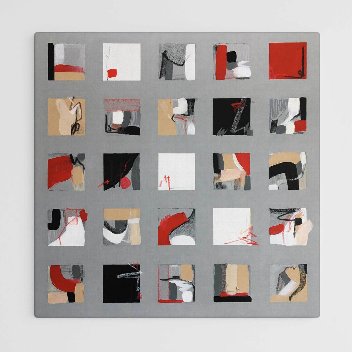 One-of-a-kind contemporary abstract painting PHOTO ALBUM by Laura Treimane Saulaja. 80x80cm 31.4"x31.4" Acrylic | Mixed Media on canvas. Gray, red, burnt sienna, black and white colors. The artist created the painting as an abstract photo album. Stretched canvas. Ready to hang. Unframed. Painting for modern interiors.